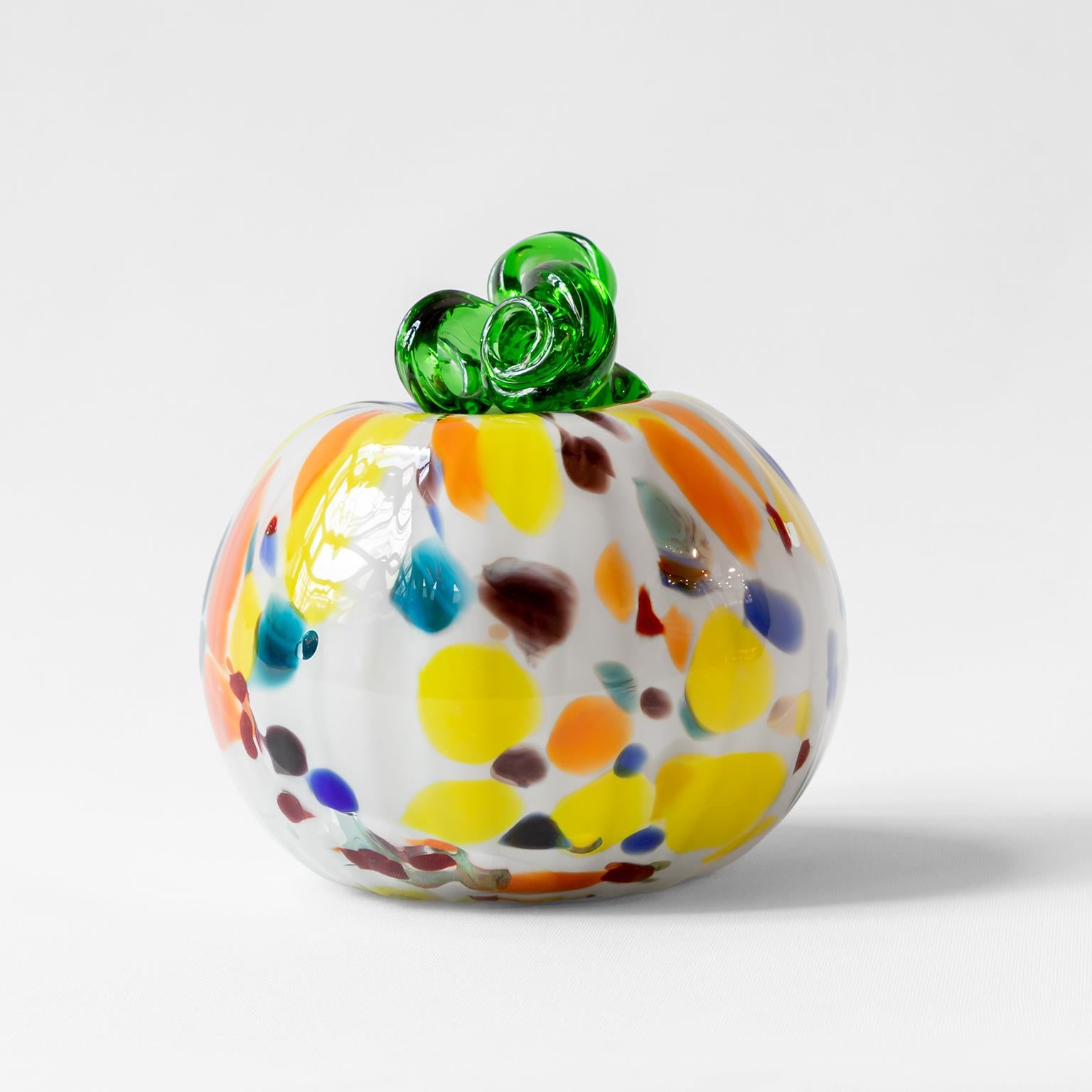 Folk Art Blown Glass White Colorful Decorative Pumpkin