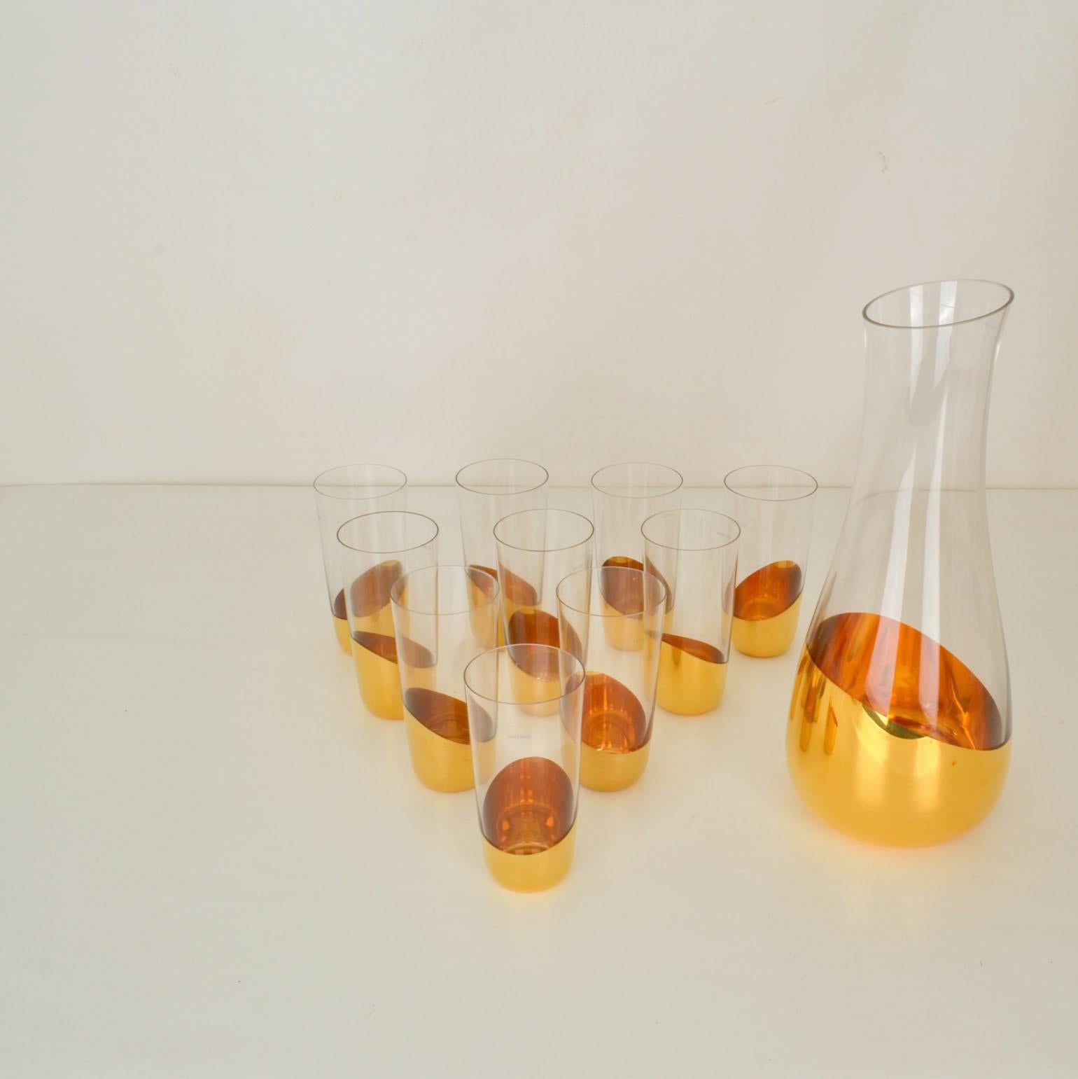 Modern Italian Carafe and Glasses Hand Blown and Gilt