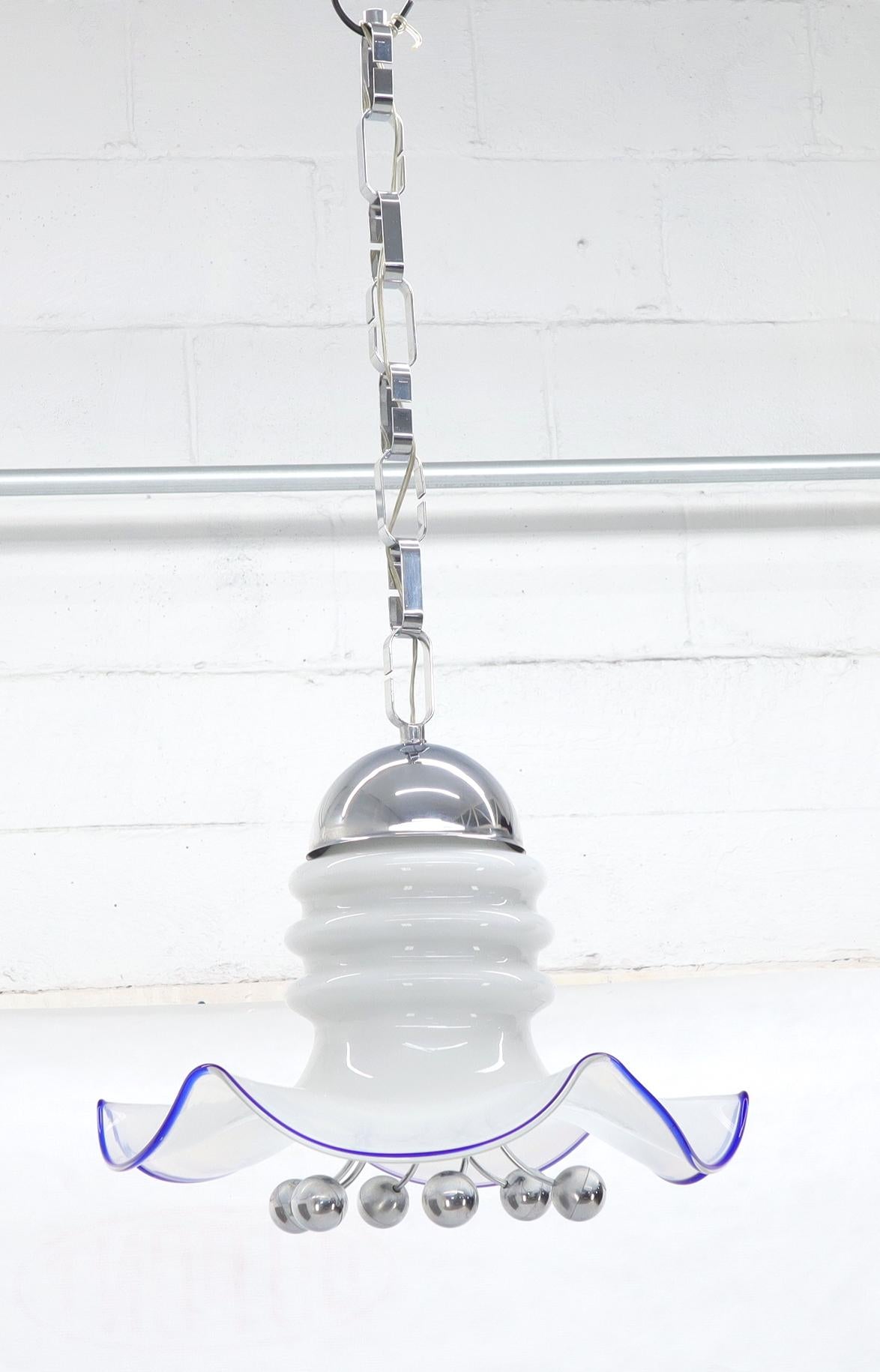 Midcentury Italian modern flower shape blown milk glass with cobalt trim and chrome pistils light fixture chandelier.
 