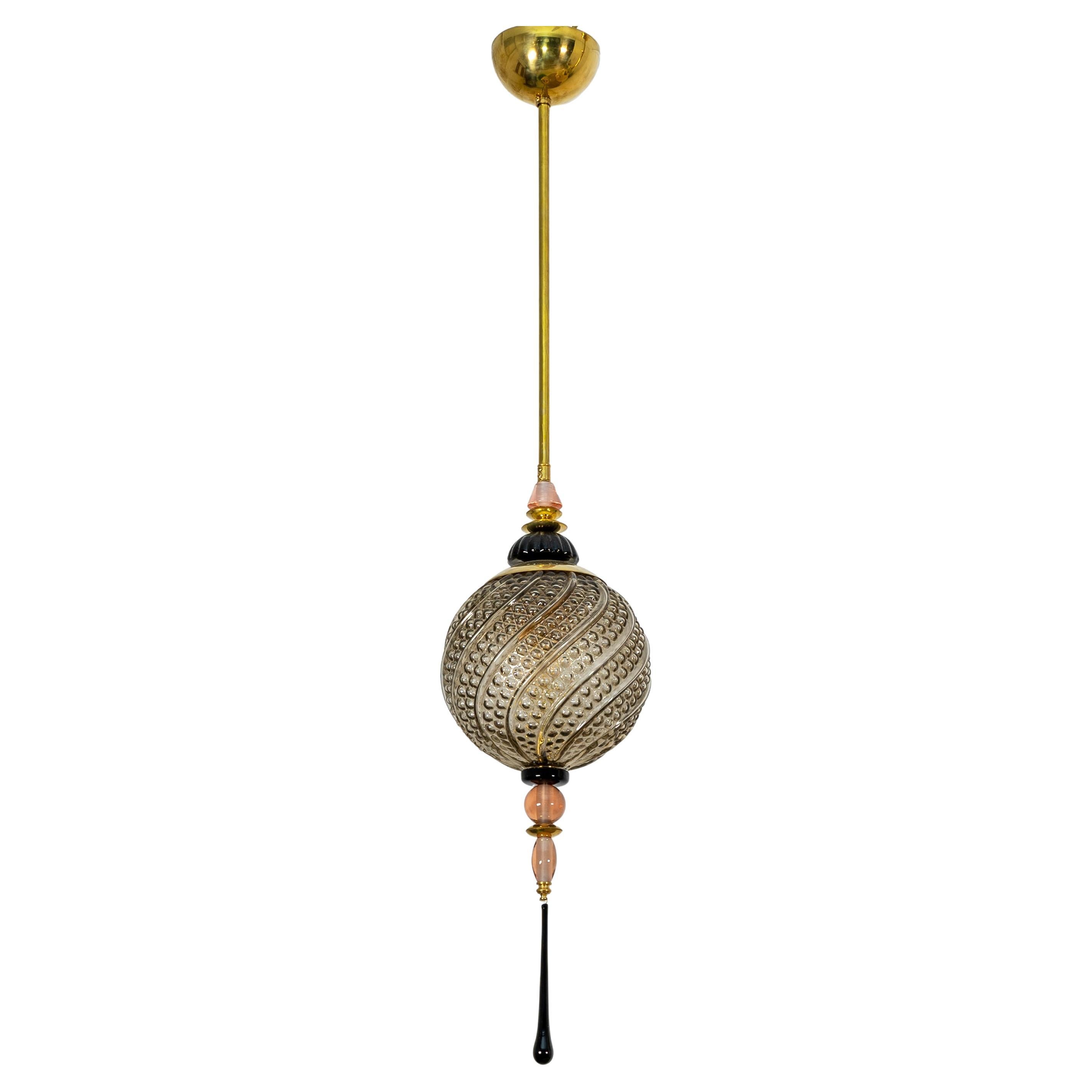 Lampada a sospensione in vetro soffiato di Murano e ottone