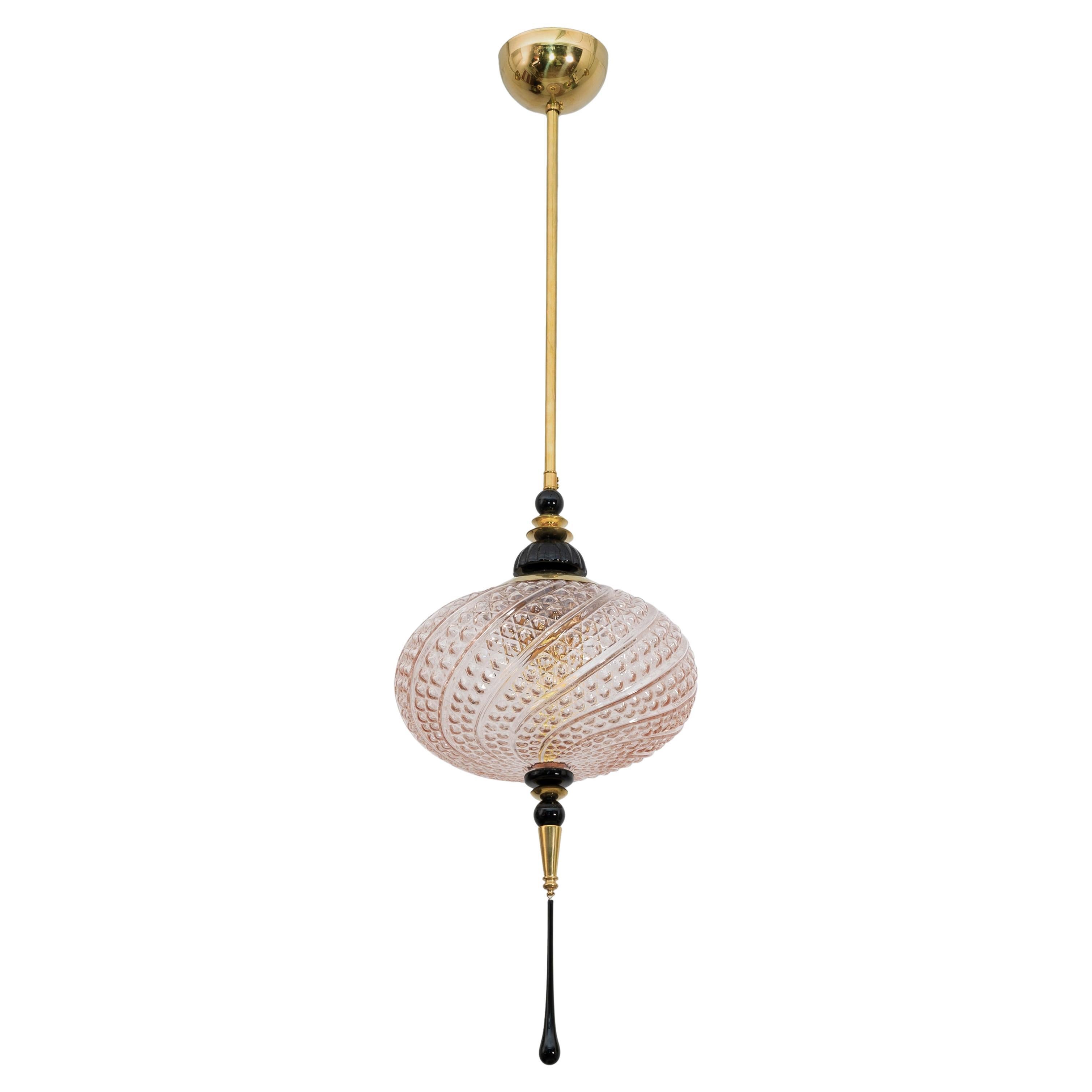 Lampada a sospensione in vetro soffiato di Murano e ottone