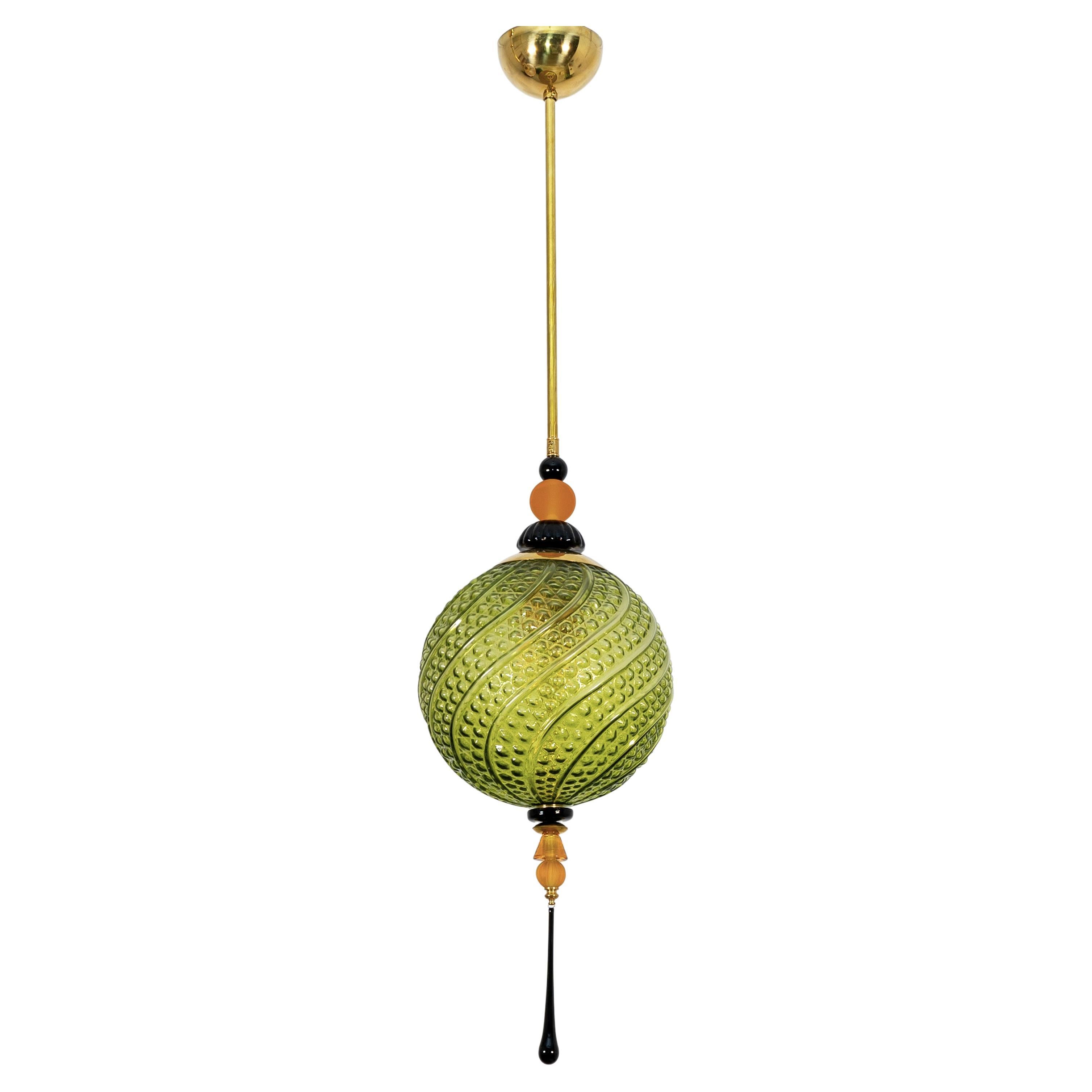 Lampada a sospensione in vetro soffiato di Murano e ottone