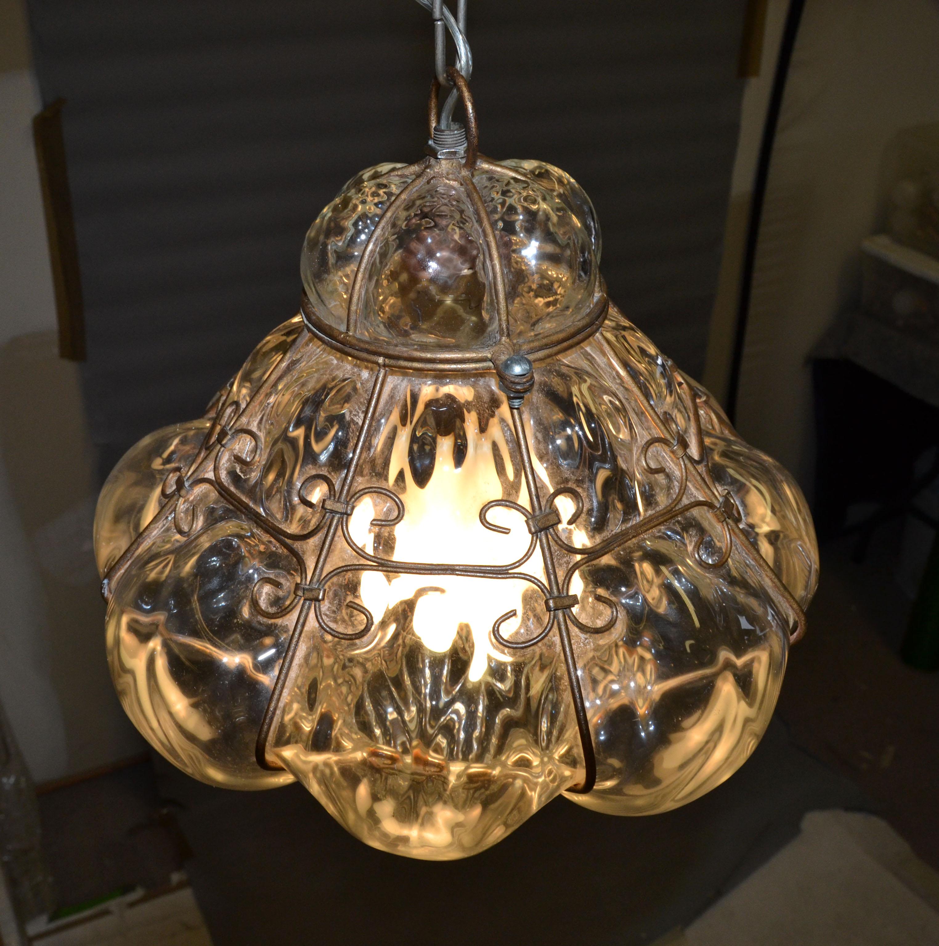 20th Century Blown Murano Glass Caged Venetian Pendant Light Italy Bubble Glass Lantern 1940
