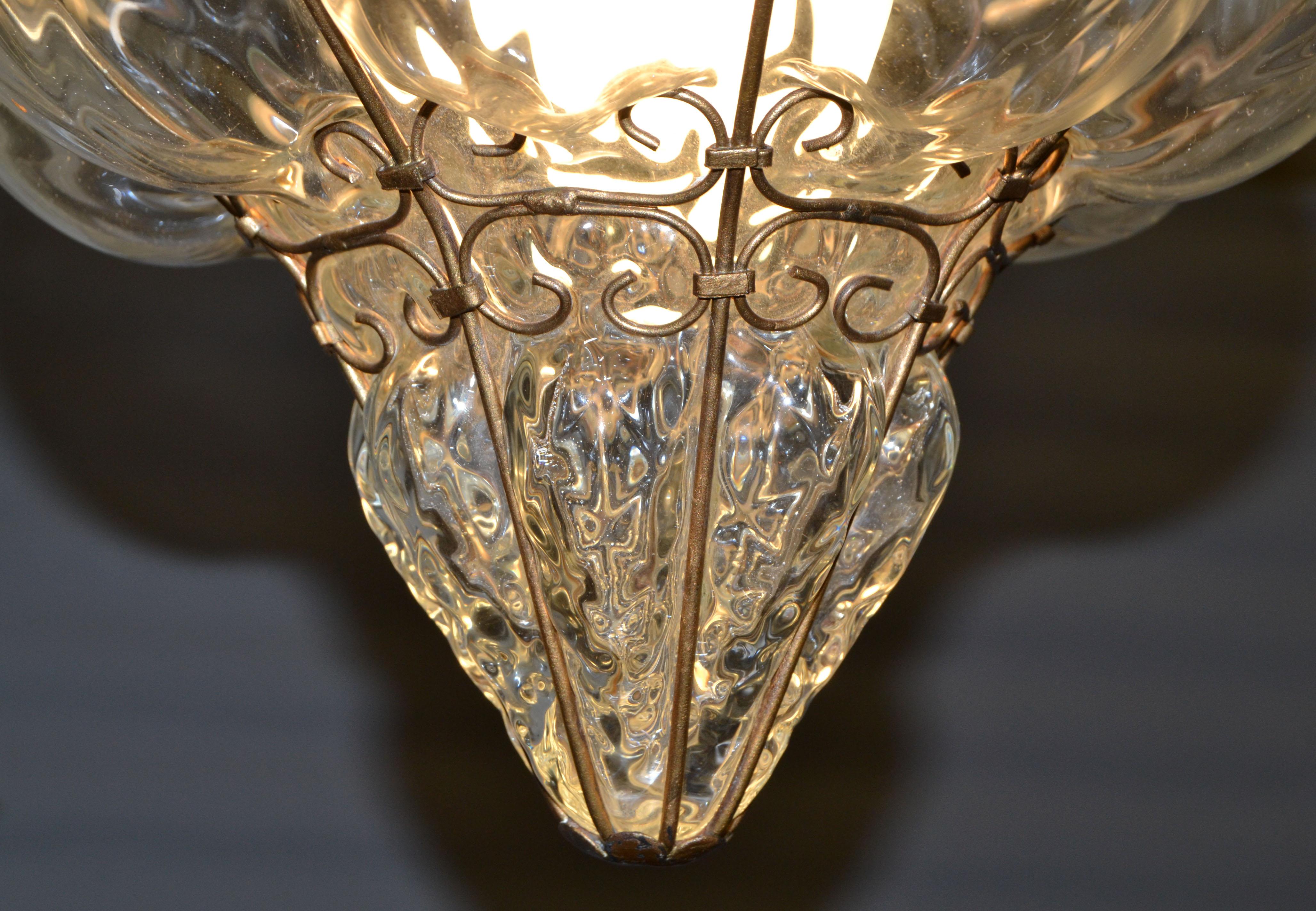 Blown Glass Blown Murano Glass Caged Venetian Pendant Light Italy Bubble Glass Lantern 1940