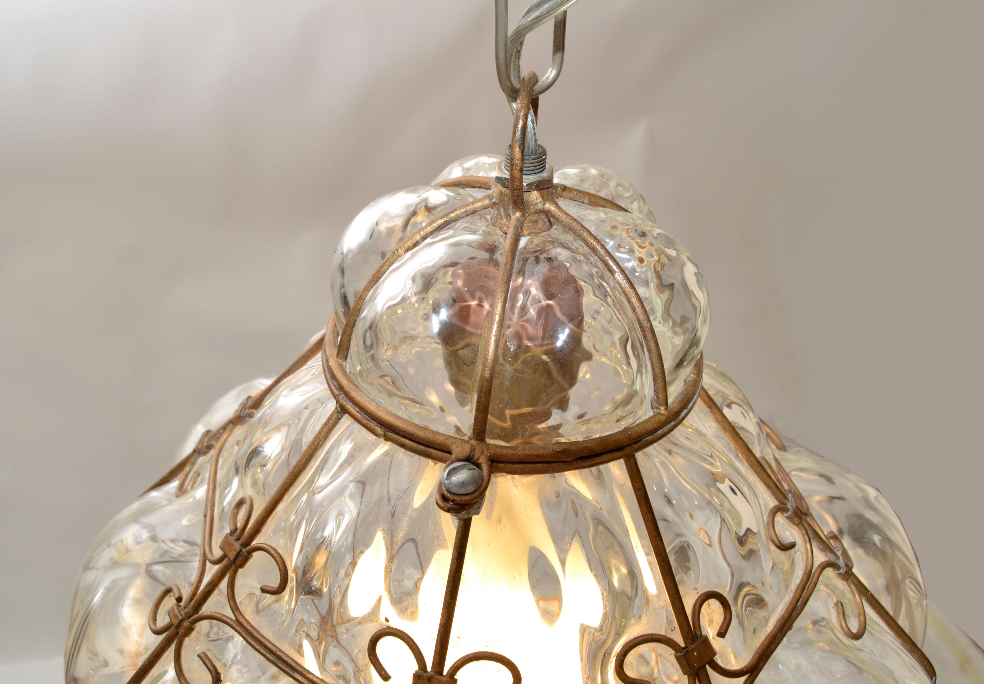 Blown Murano Glass Caged Venetian Pendant Light Italy Bubble Glass Lantern 1940 1