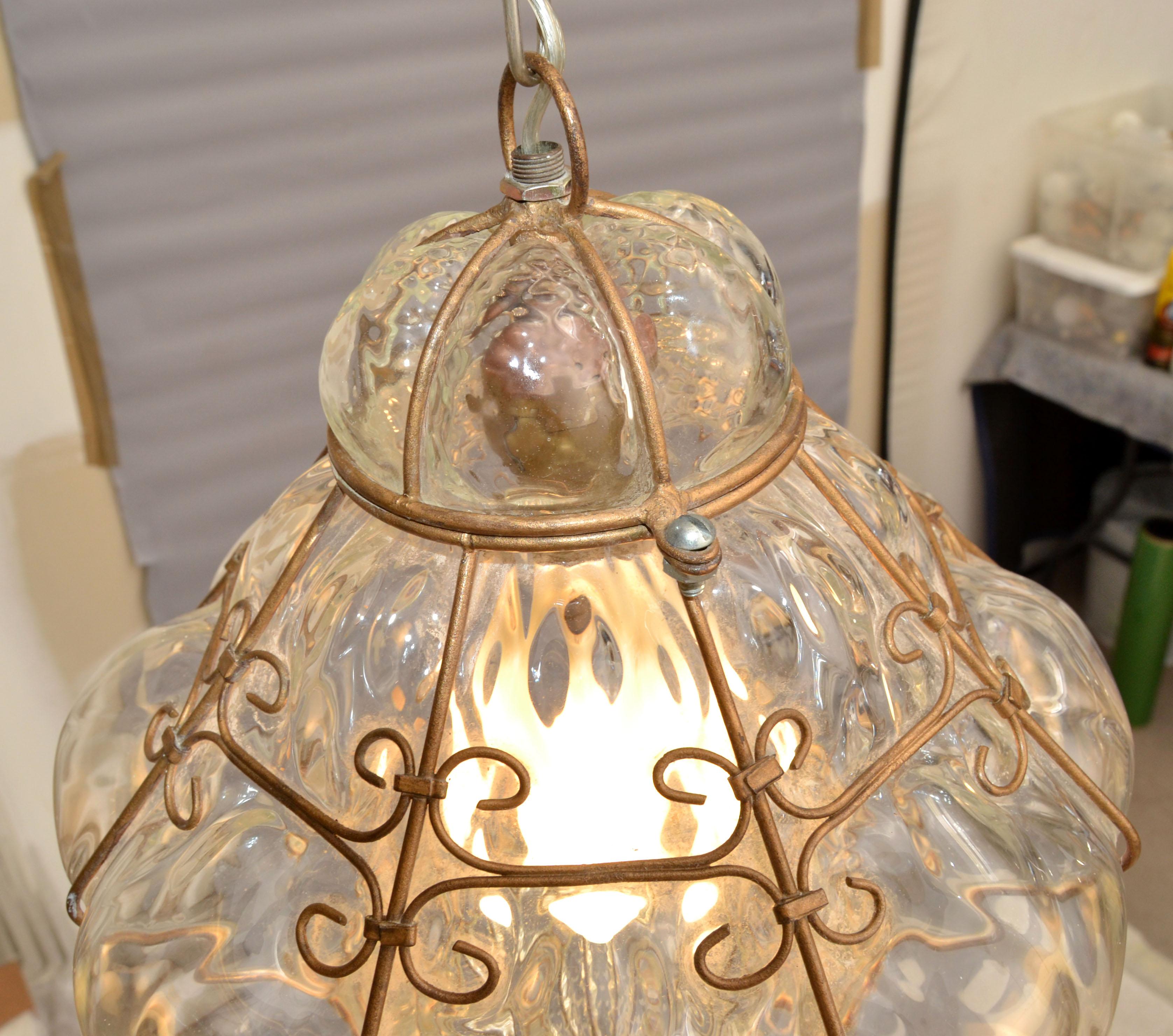 Blown Murano Glass Caged Venetian Pendant Light Italy Bubble Glass Lantern 1940 2