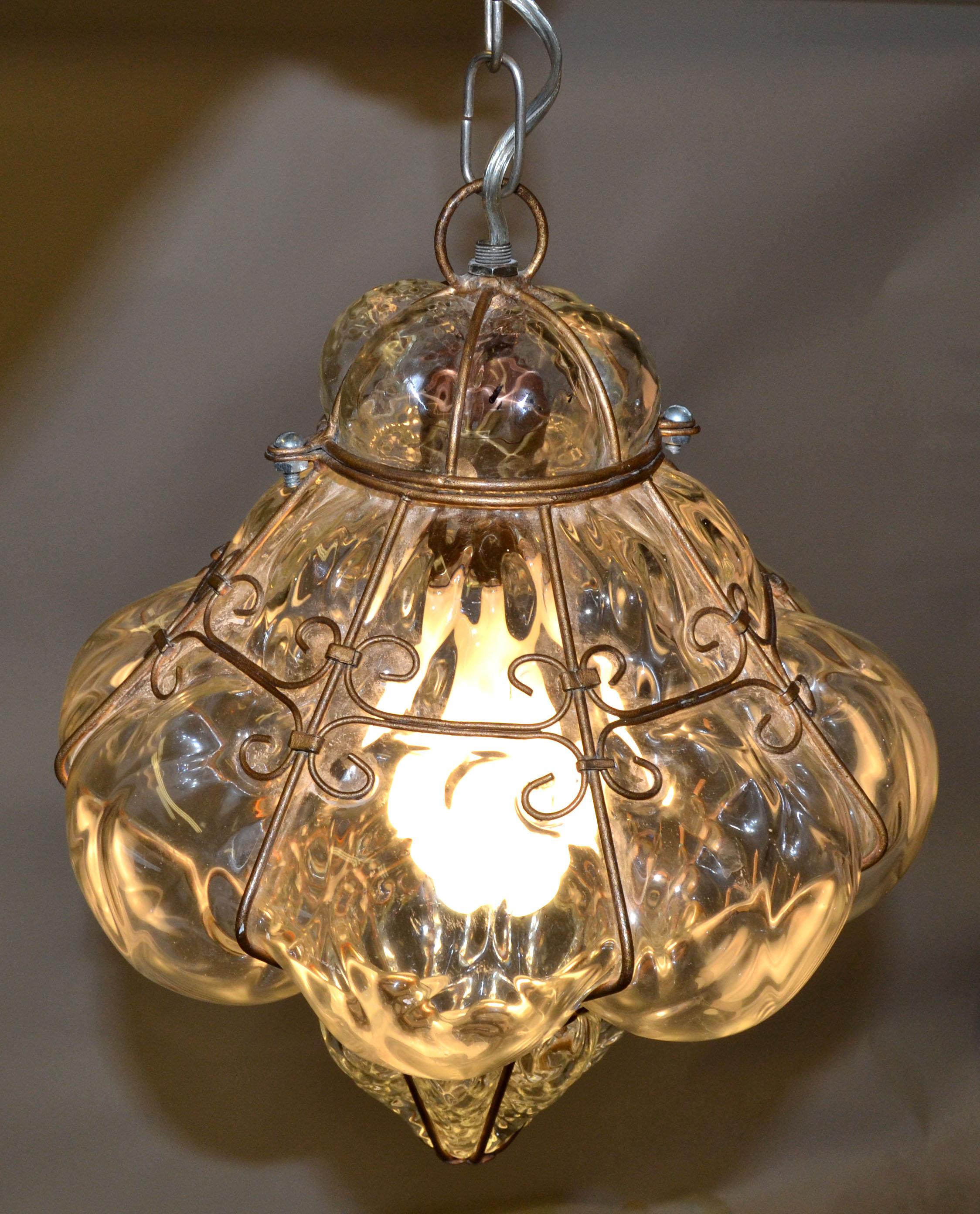 Blown Murano Glass Caged Venetian Pendant Light Italy Bubble Glass Lantern 1940 3