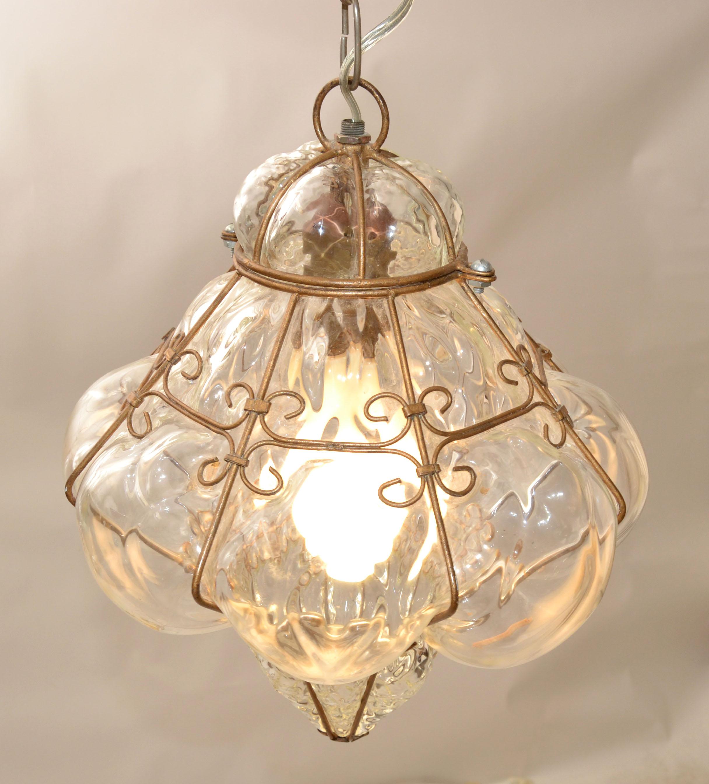 Blown Murano Glass Caged Venetian Pendant Light Italy Bubble Glass Lantern 1940 4