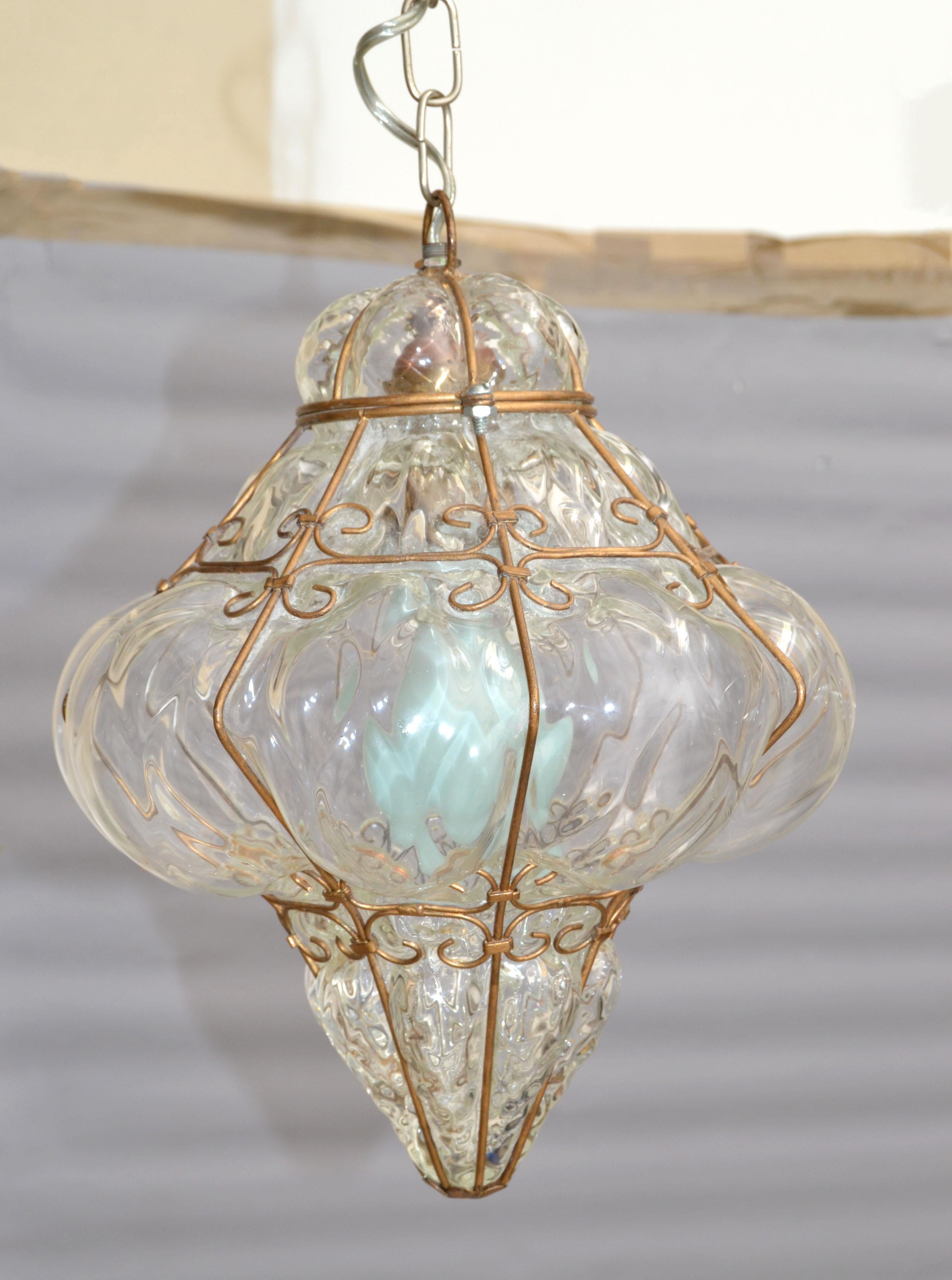 Mid-Century Modern Blown Murano Glass Caged Venetian Pendant Light Italy Bubble Glass Lantern 1940