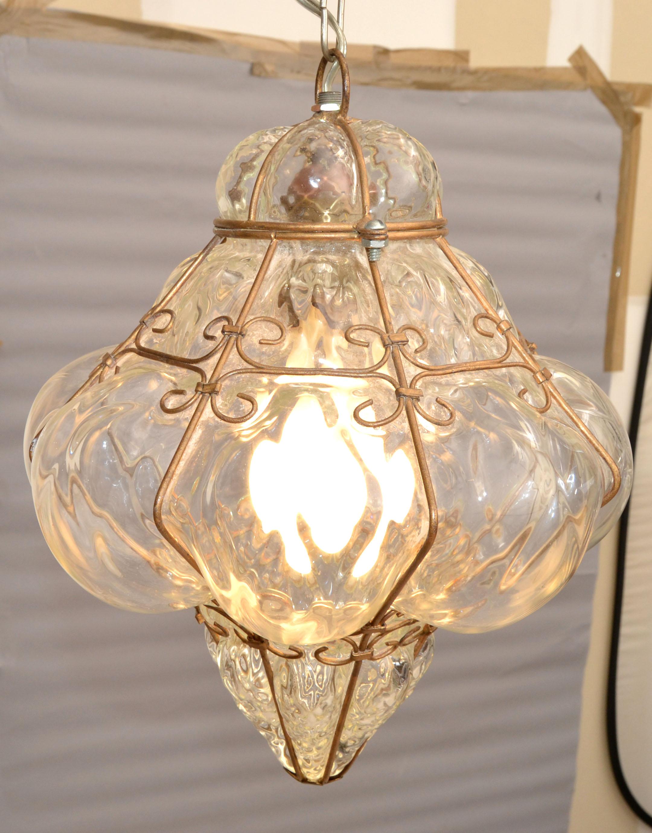 Hand-Crafted Blown Murano Glass Caged Venetian Pendant Light Italy Bubble Glass Lantern 1940