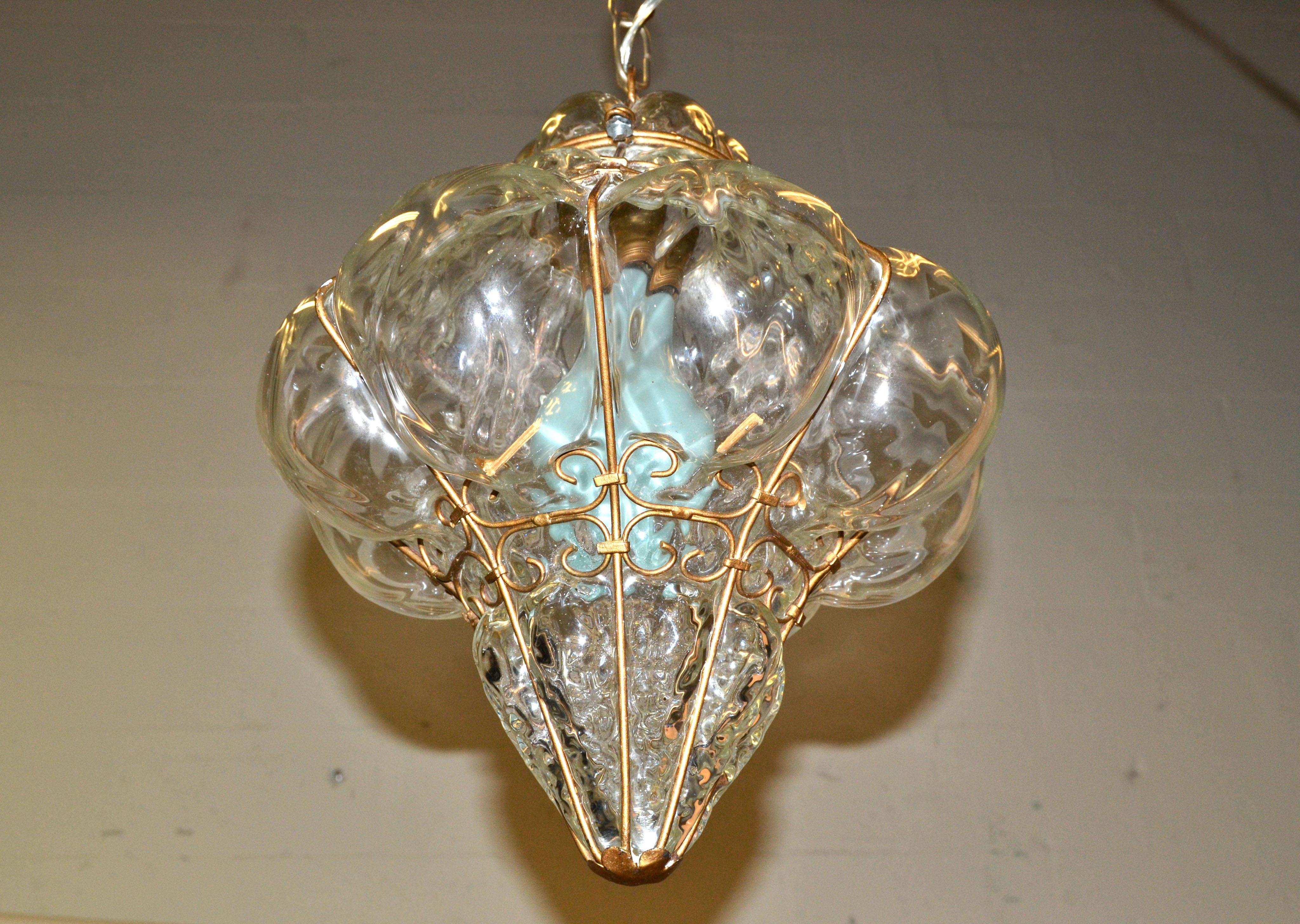 Blown Murano Glass Caged Venetian Pendant Light Italy Bubble Glass Lantern 1940 In Good Condition In Miami, FL