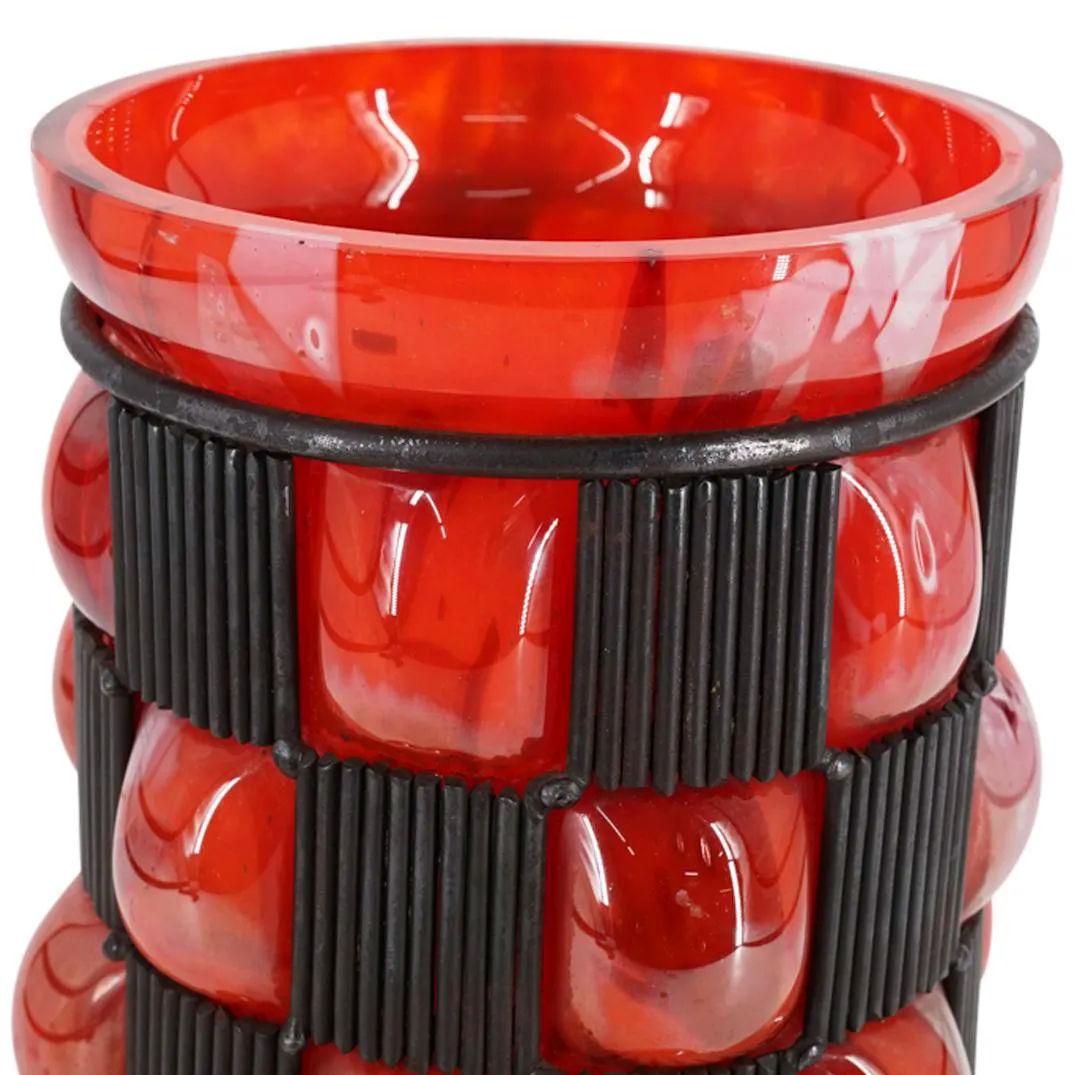 Art Deco Blown-Out Glass and Iron Vase by Charles Schneider, circa 1930 For Sale