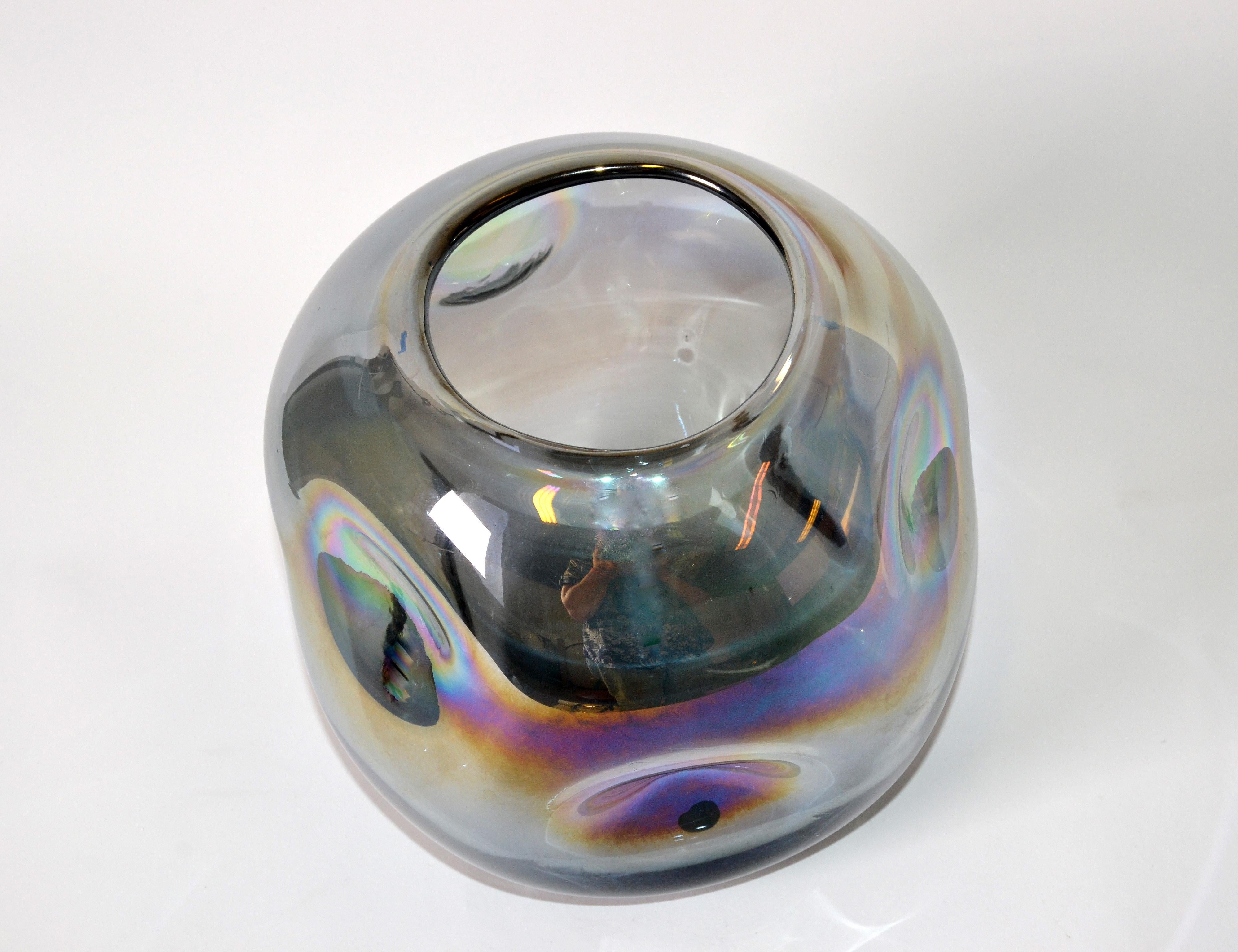 Blown Smoked Glass Vase Mid-Century Modern with Mirror Coating & Round Indents For Sale 4