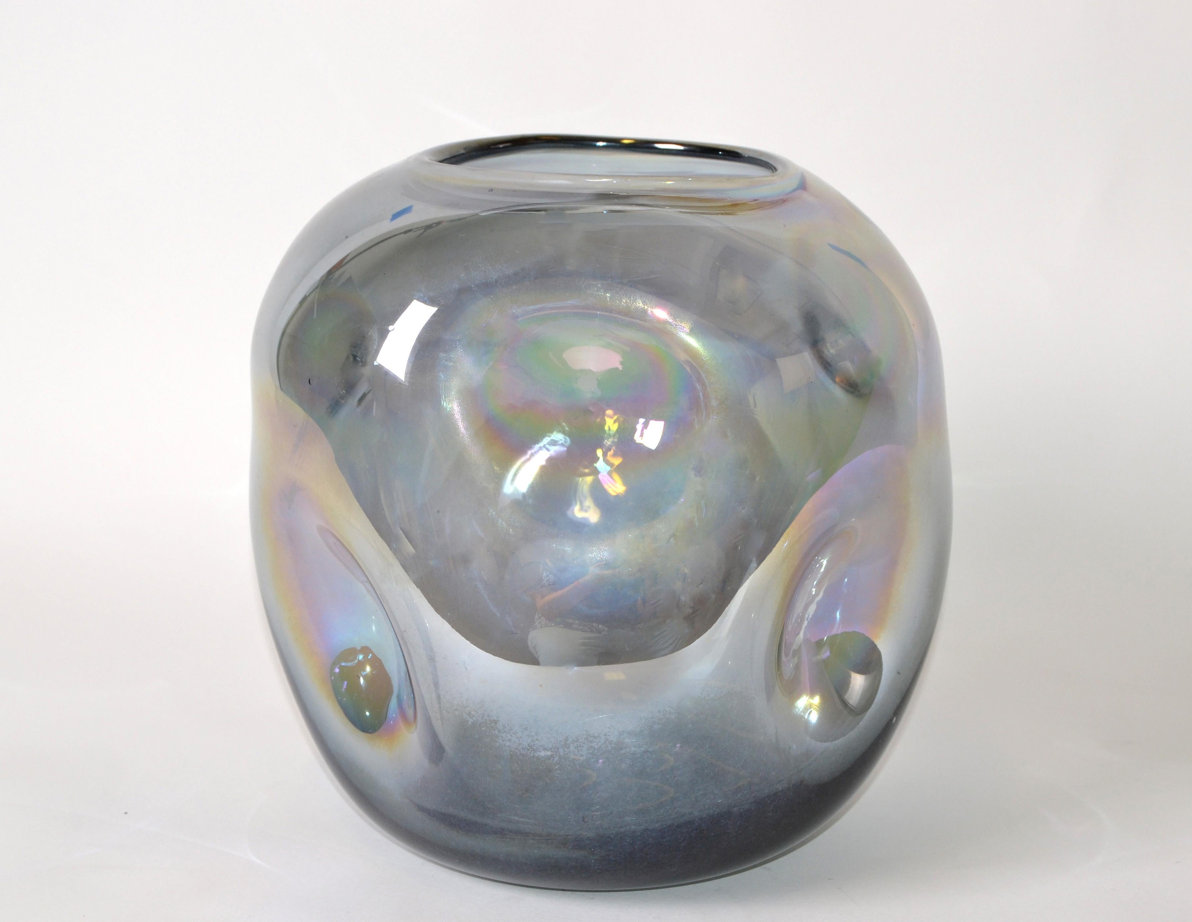 American Blown Smoked Glass Vase Mid-Century Modern with Mirror Coating & Round Indents For Sale