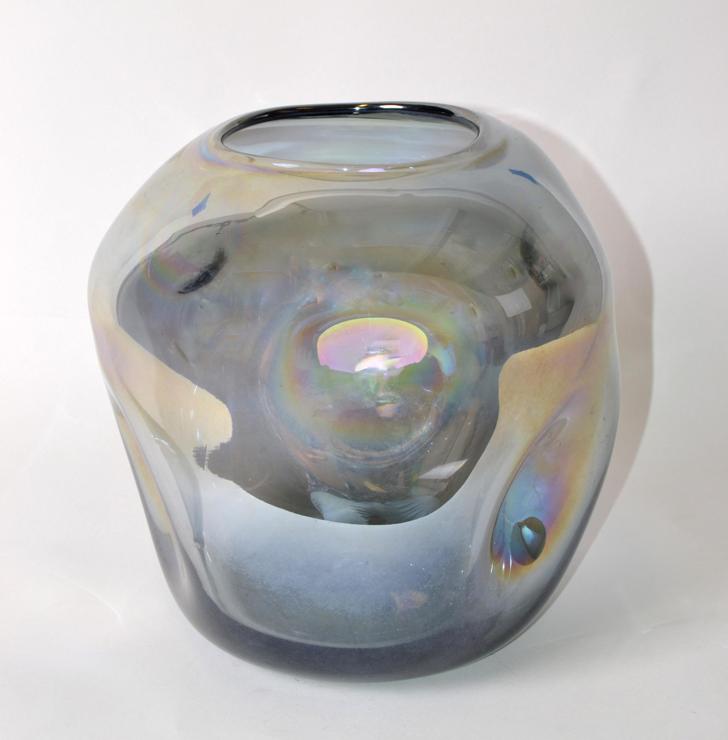 Hand-Crafted Blown Smoked Glass Vase Mid-Century Modern with Mirror Coating & Round Indents For Sale