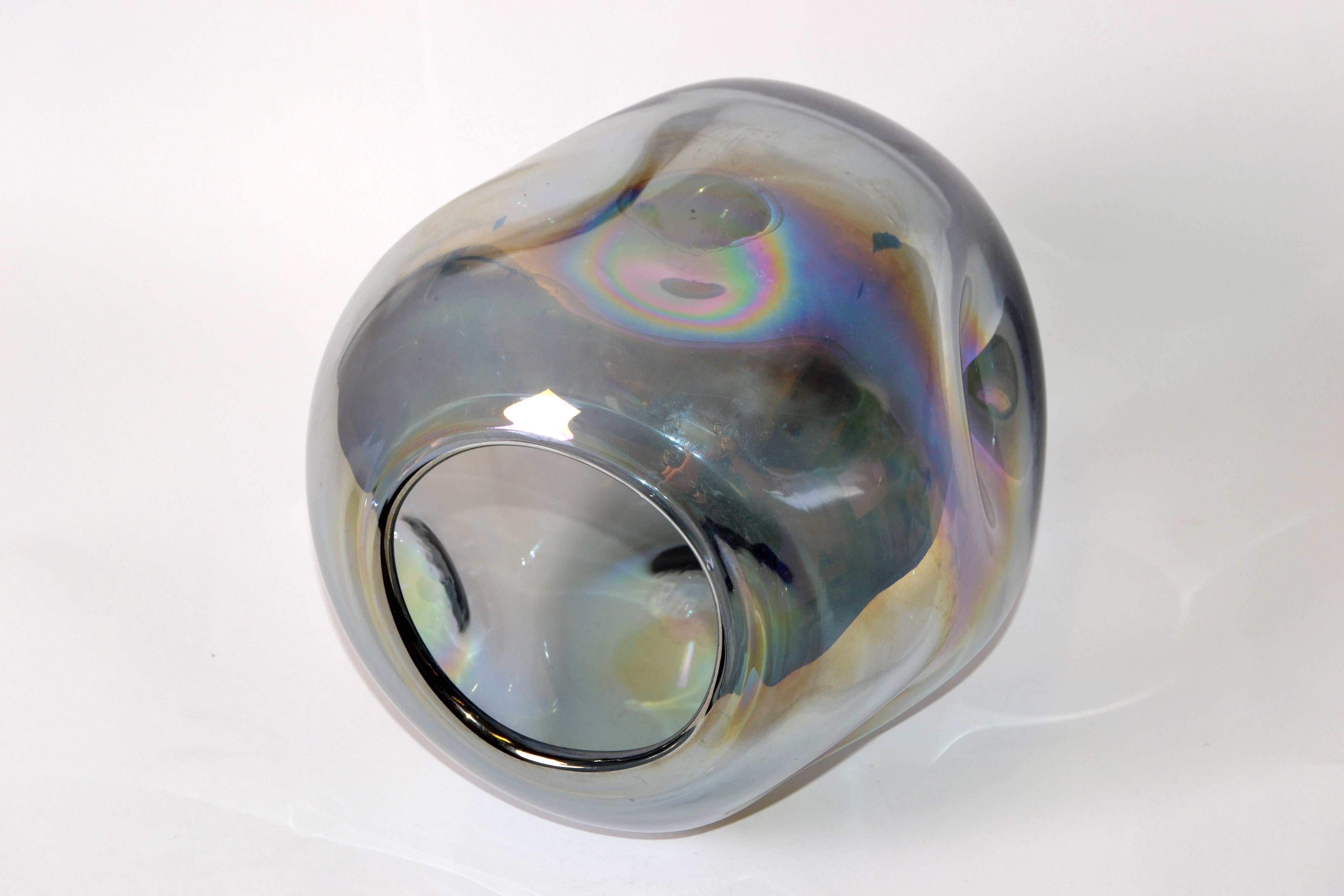20th Century Blown Smoked Glass Vase Mid-Century Modern with Mirror Coating & Round Indents For Sale