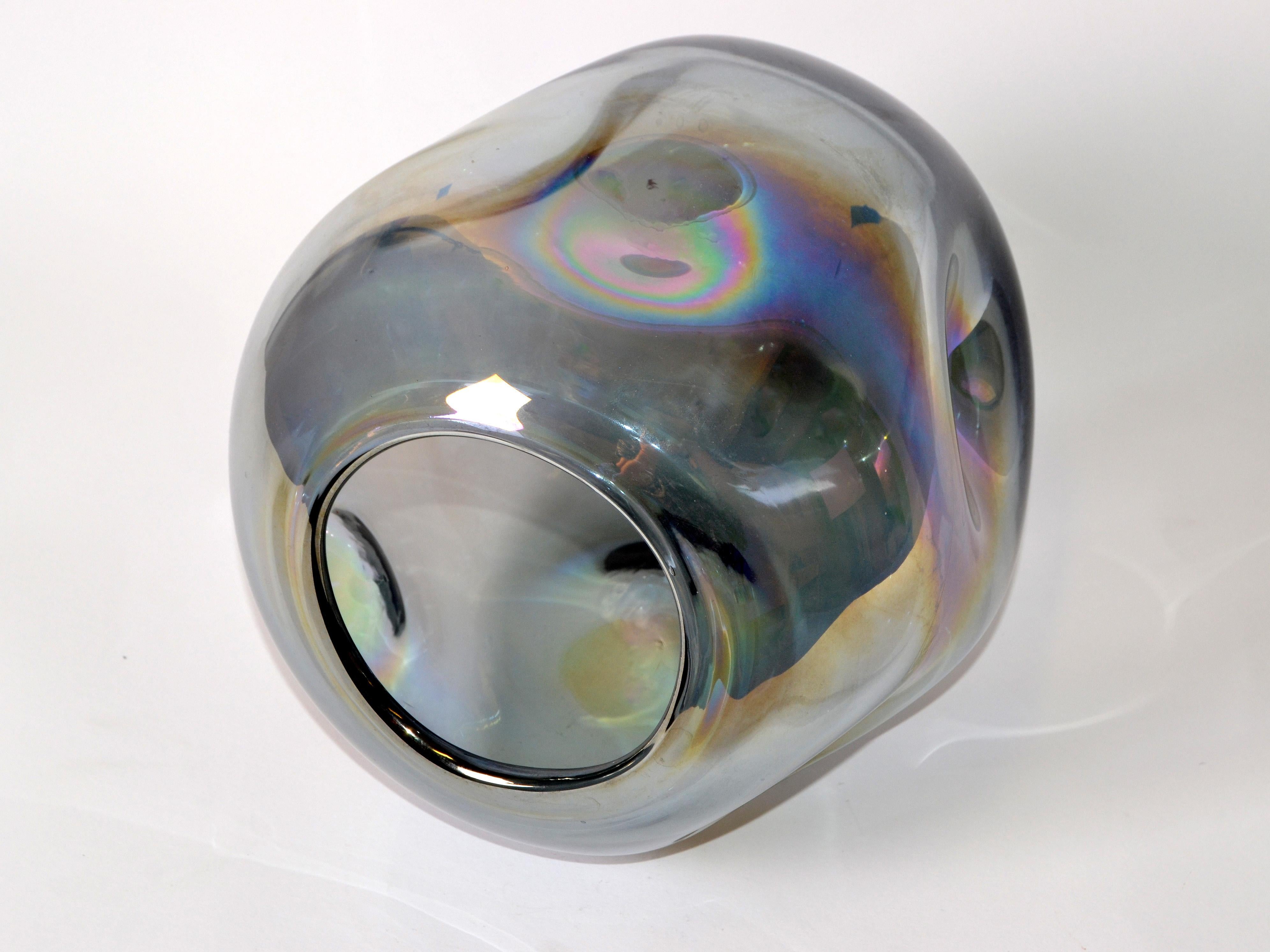 Blown Smoked Glass Vase Mid-Century Modern with Mirror Coating & Round Indents For Sale 1