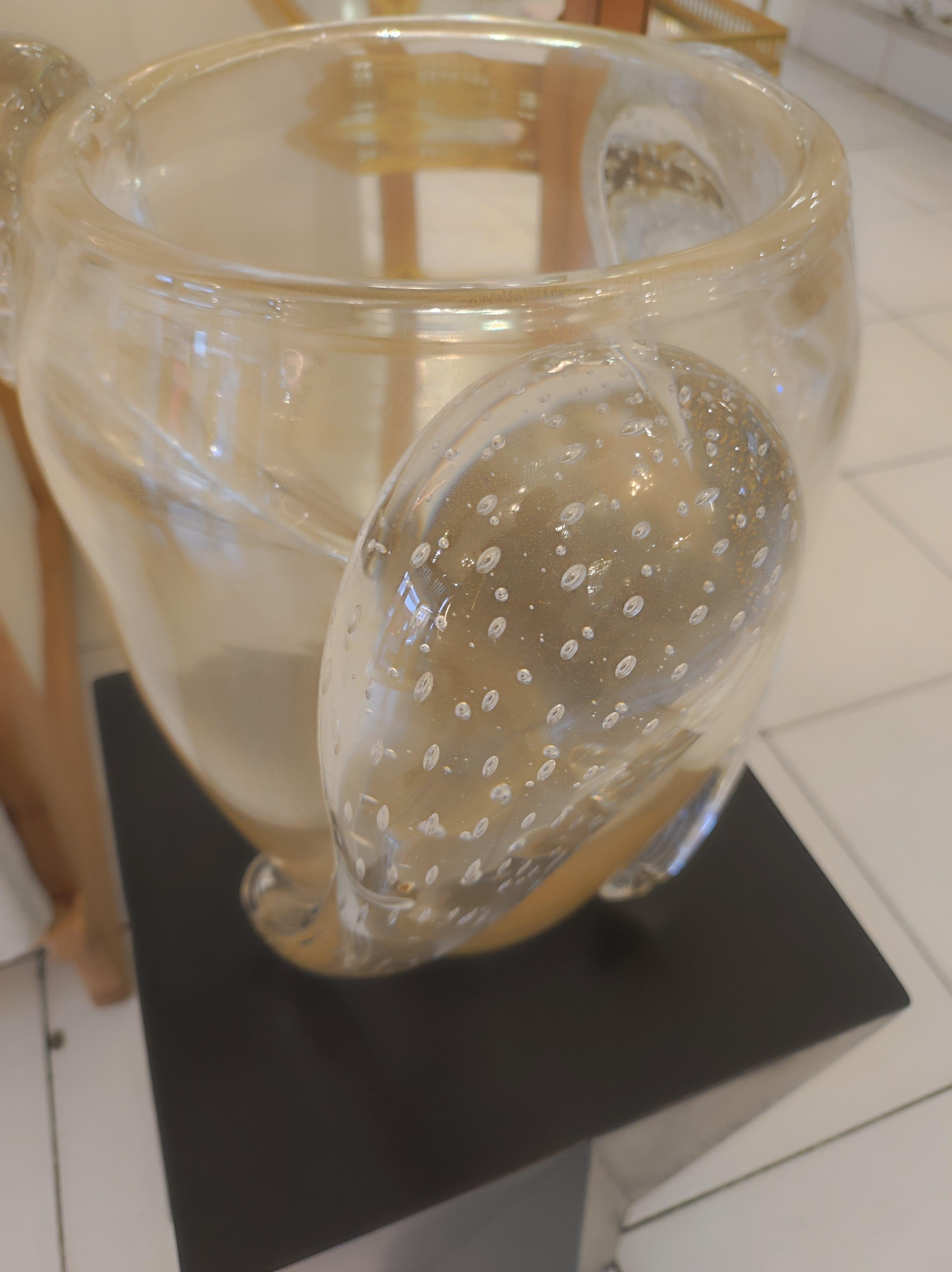 Italian Blown Translucid Murano Glass Vase with Gold Glitters For Sale