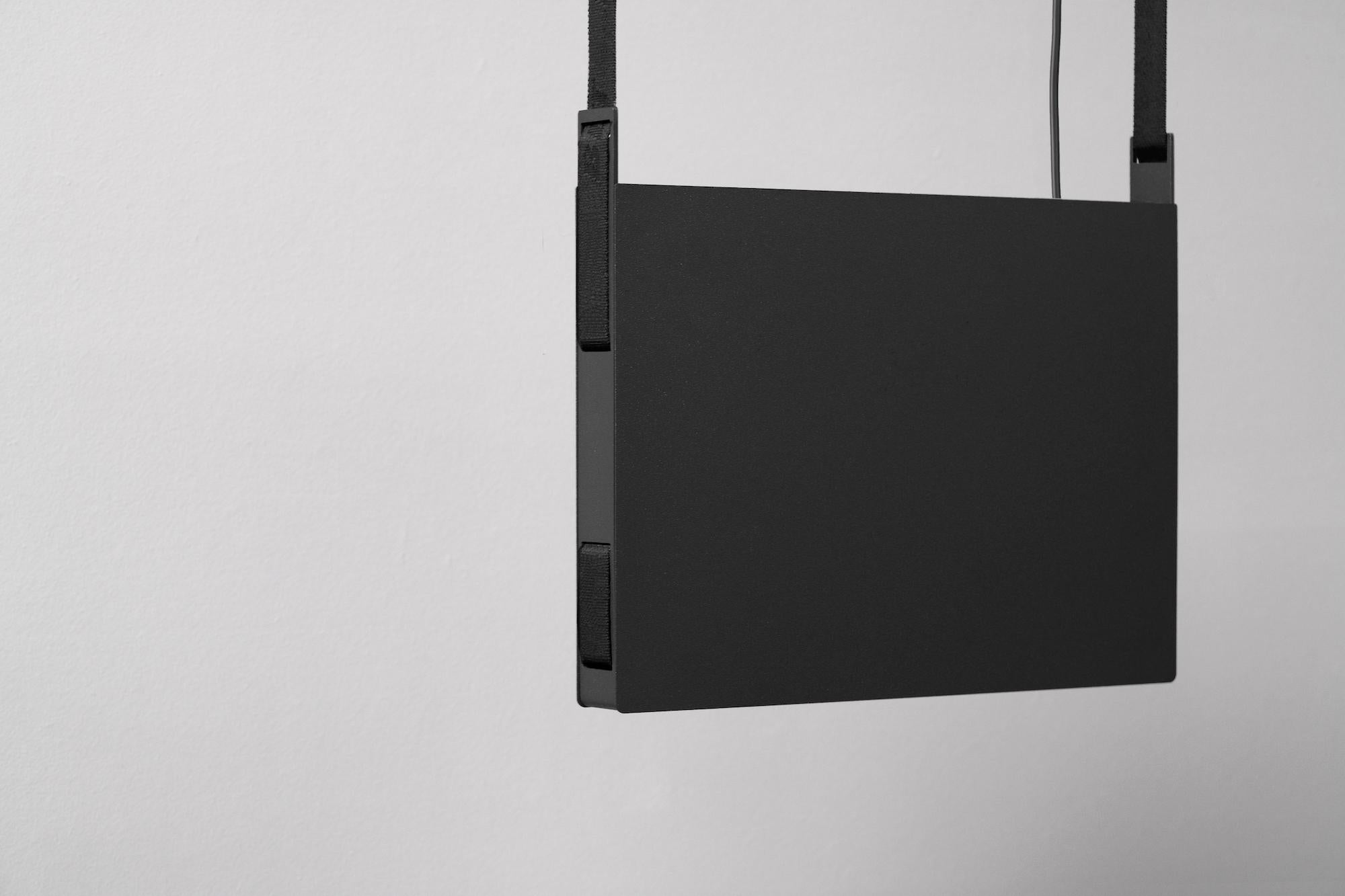 BLT_2 Black Pendant Lamp by +kouple
Dimensions: D 33 x W 3,4 x H 27,7 cm. 
Materials: Powder-coated steel, aluminum and plastic.

Available in different color options. The rod length is 250 cm. Please contact us.

All our lamps can be wired
