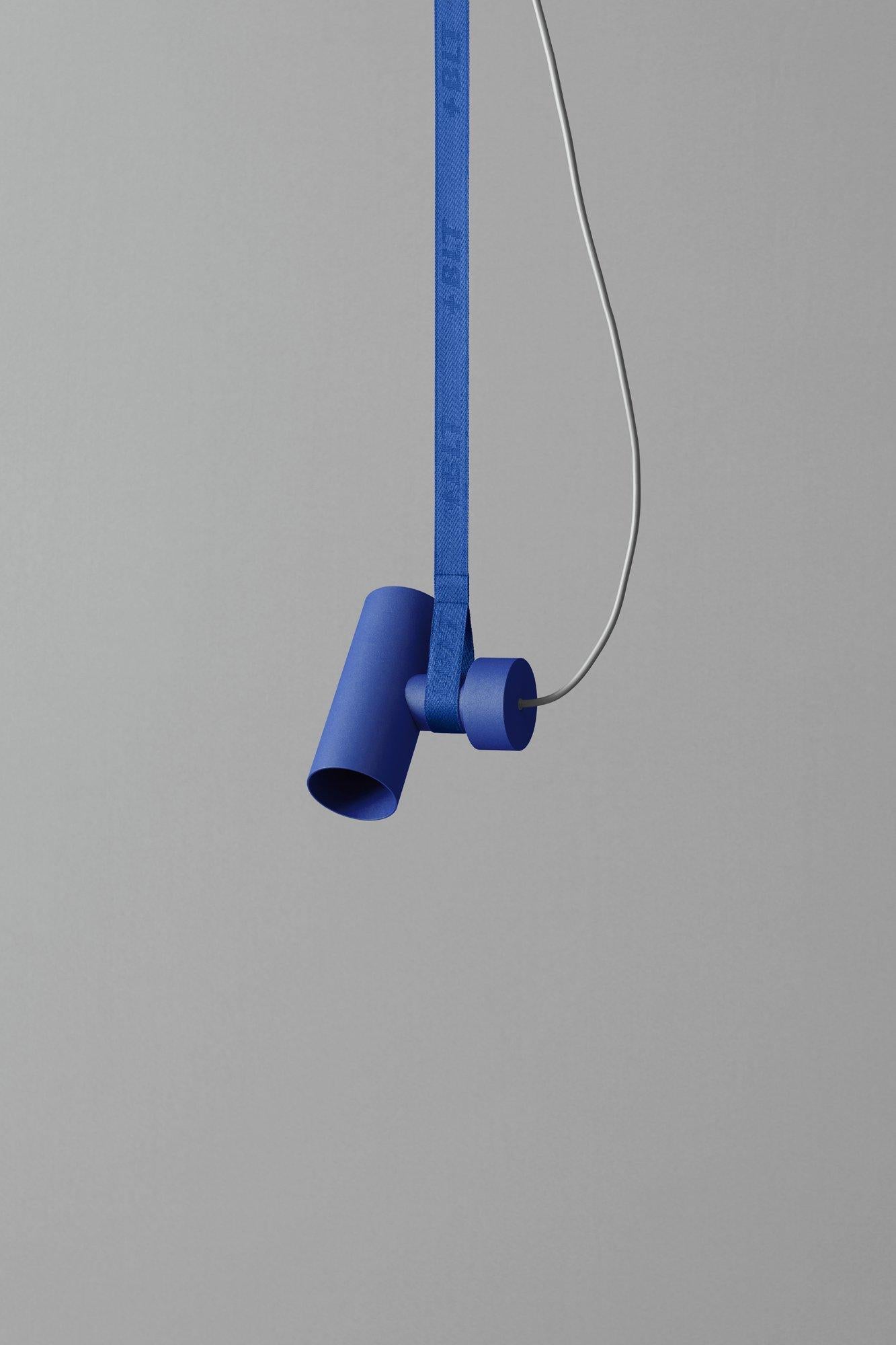 BLT_4 Ultra Blue Pendant Lamp by +kouple
Dimensions: D 6,3 x W 13,4 x H 15,5 cm. 
Materials: Powder-coated steel and textile.

Available in different color options. The rod length is 250 cm. Please contact us.

All our lamps can be wired according
