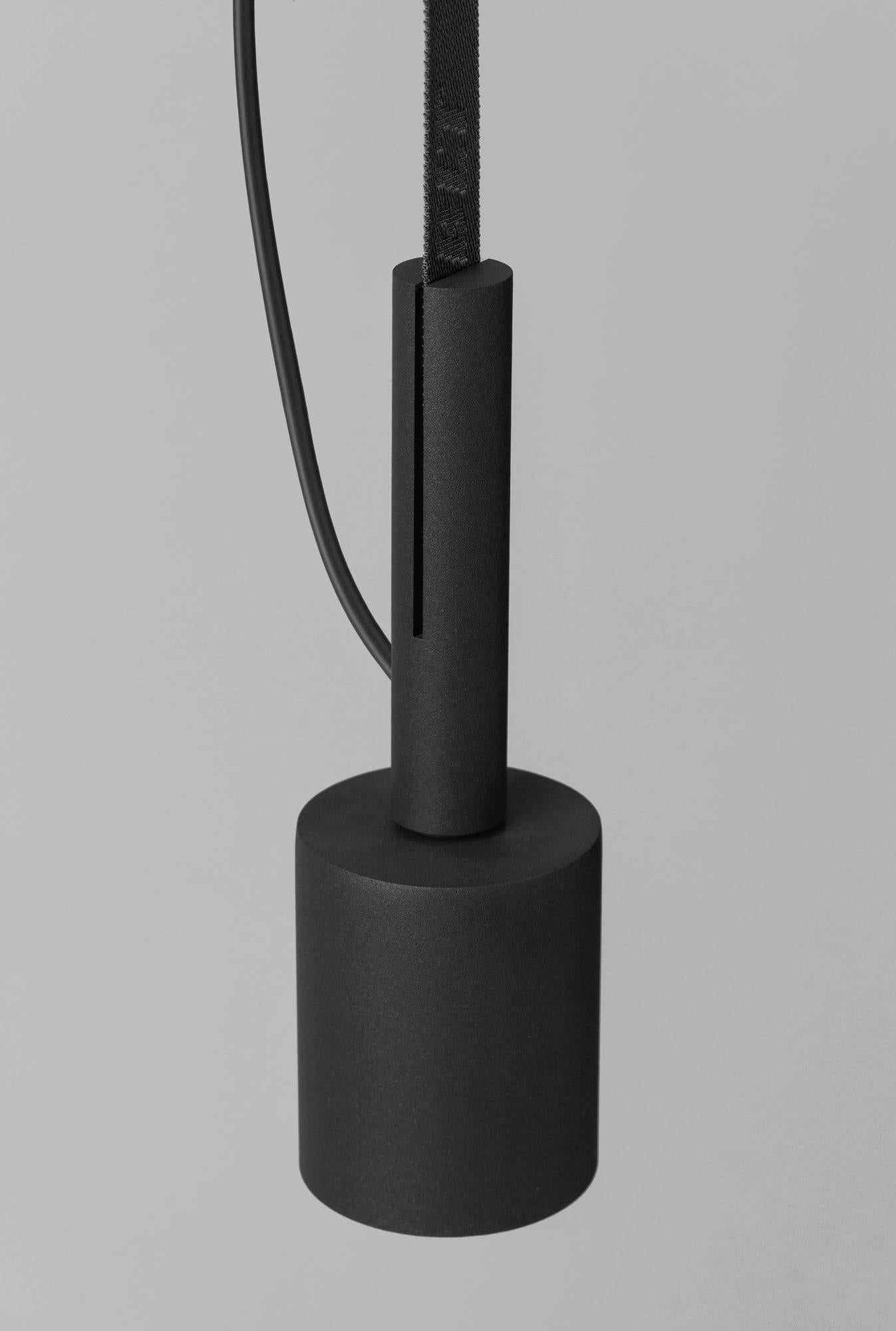 BLT_5 Black Pendant Lamp by +kouple
Dimensions: Ø 8 x H 25,2 cm. 
Materials: Powder-coated steel and textile.

Available in different color options. The rod length is 250 cm. Please contact us.

All our lamps can be wired according to each country.