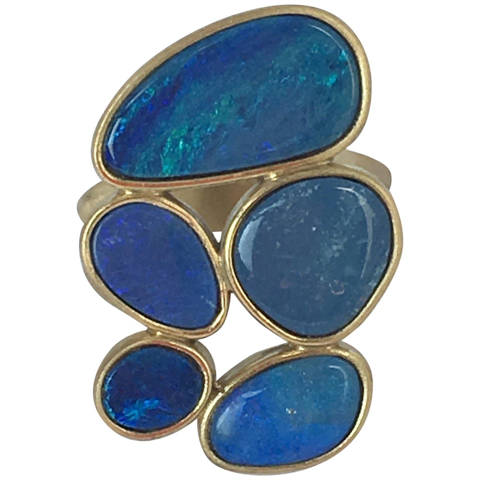 Australian Blu Opal Doublette 18 Karat Gold Ring For Sale