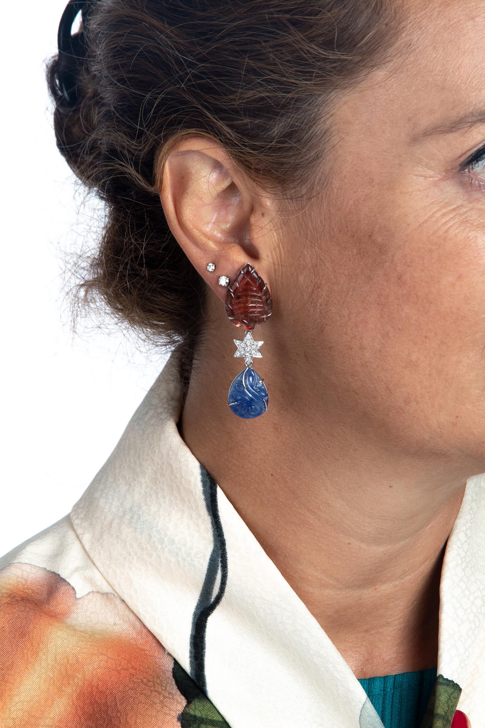 Women's or Men's Blu Carved Sapphire Diamond Tourmaline 18 Karat White Gold Earrings For Sale