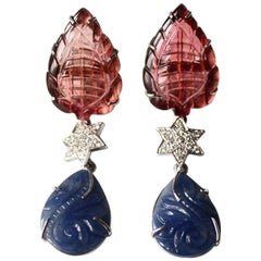 Blu Carved Sapphire Diamond Tourmaline 18 Karat White Gold Earrings