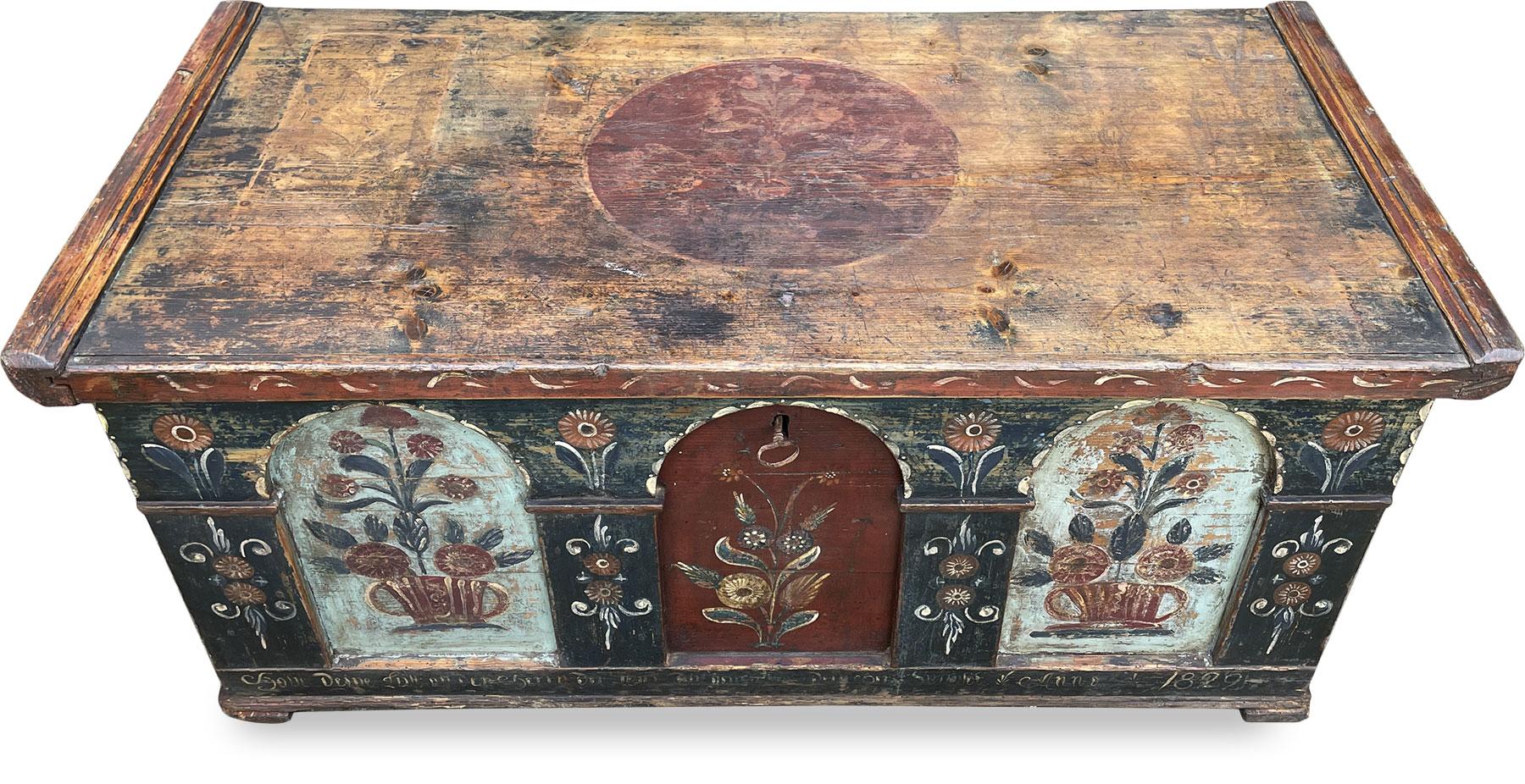 Blu Floral Painted Blanket Chest Dated 1829 3