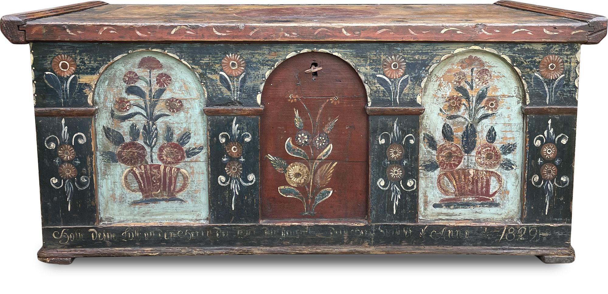 Austrian Blu Floral Painted Blanket Chest Dated 1829