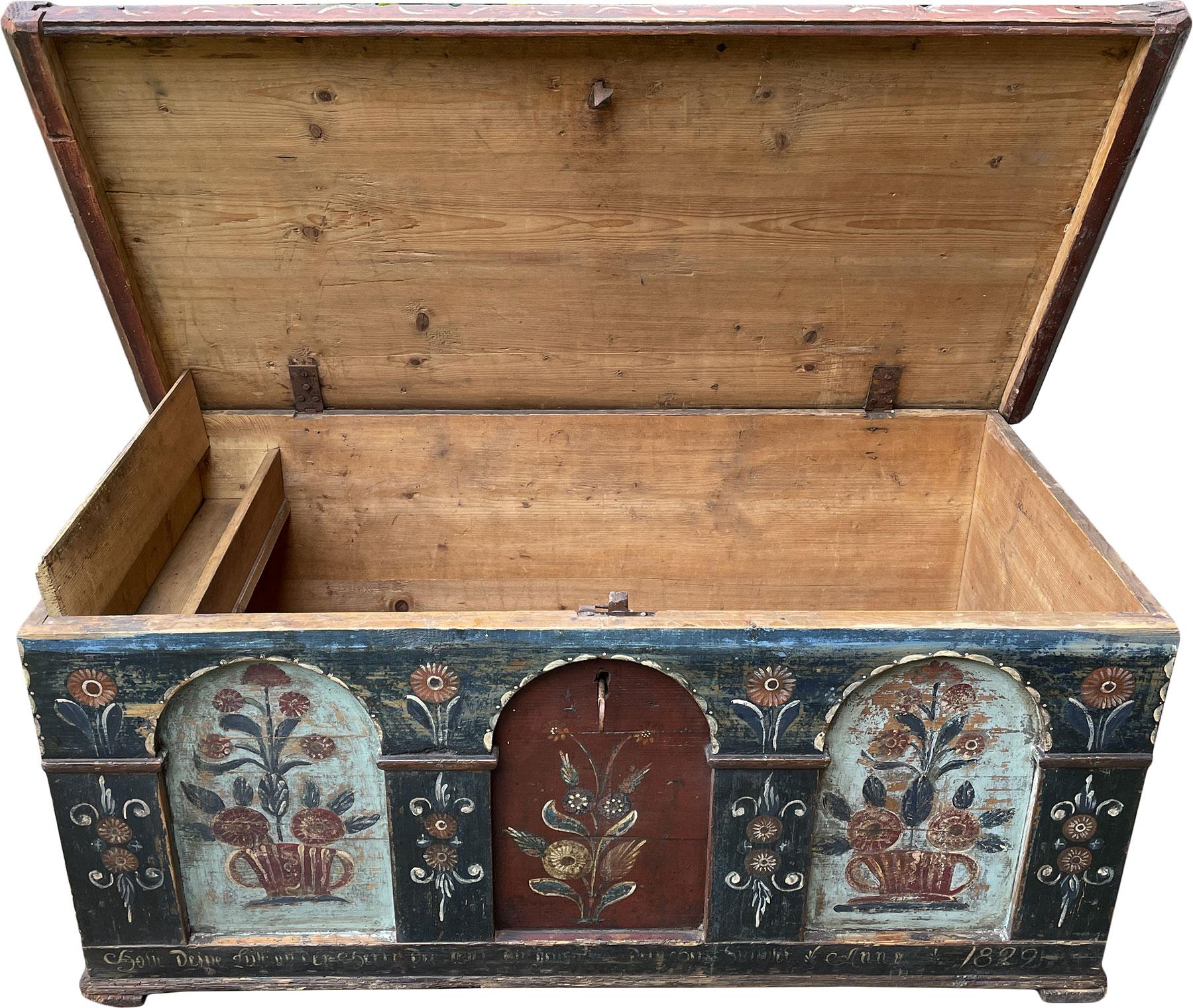 Early 19th Century Blu Floral Painted Blanket Chest Dated 1829