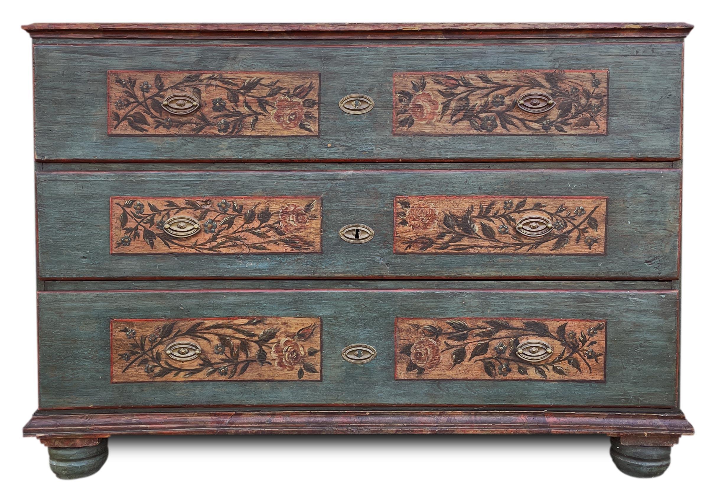 Blu Floral Painted Chest of Drawers, Northern Italy 1810 For Sale 2
