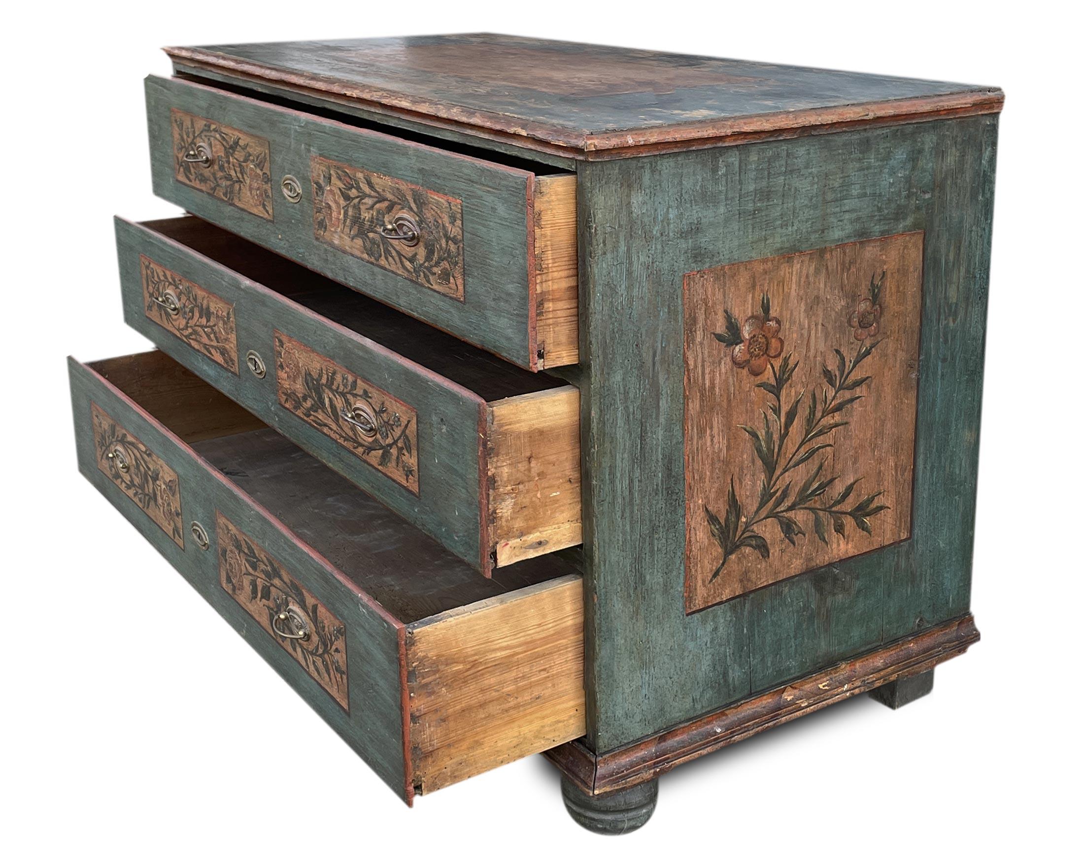 Austrian Blu Floral Painted Chest of Drawers, Northern Italy 1810 For Sale