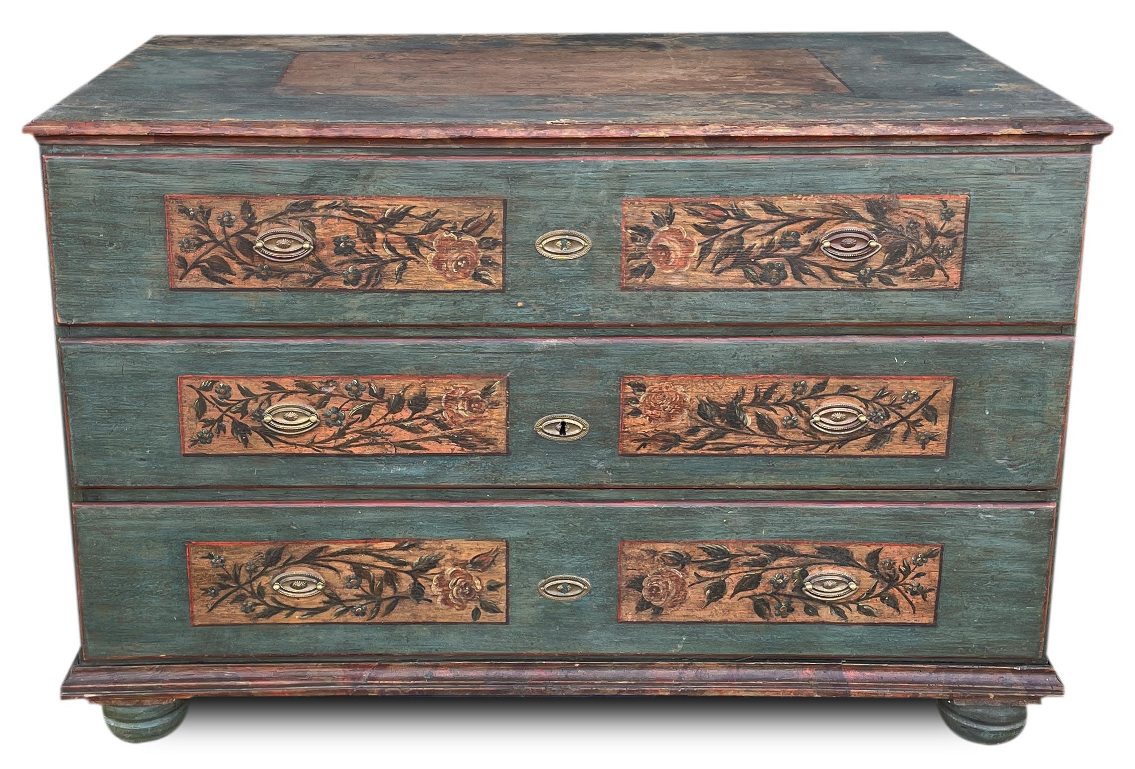 Fir Blu Floral Painted Chest of Drawers, Northern Italy 1810 For Sale
