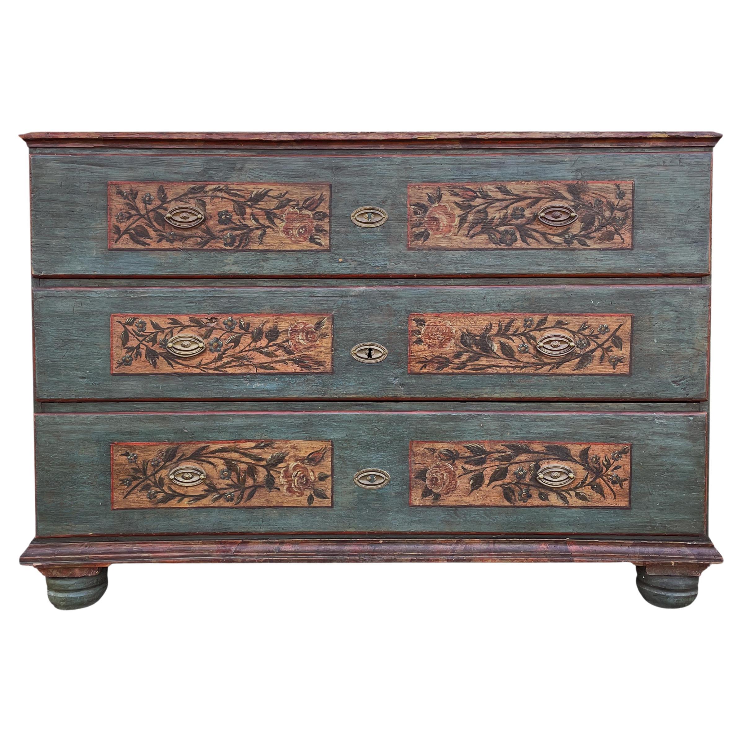 Blu Floral Painted Chest of Drawers, Northern Italy 1810