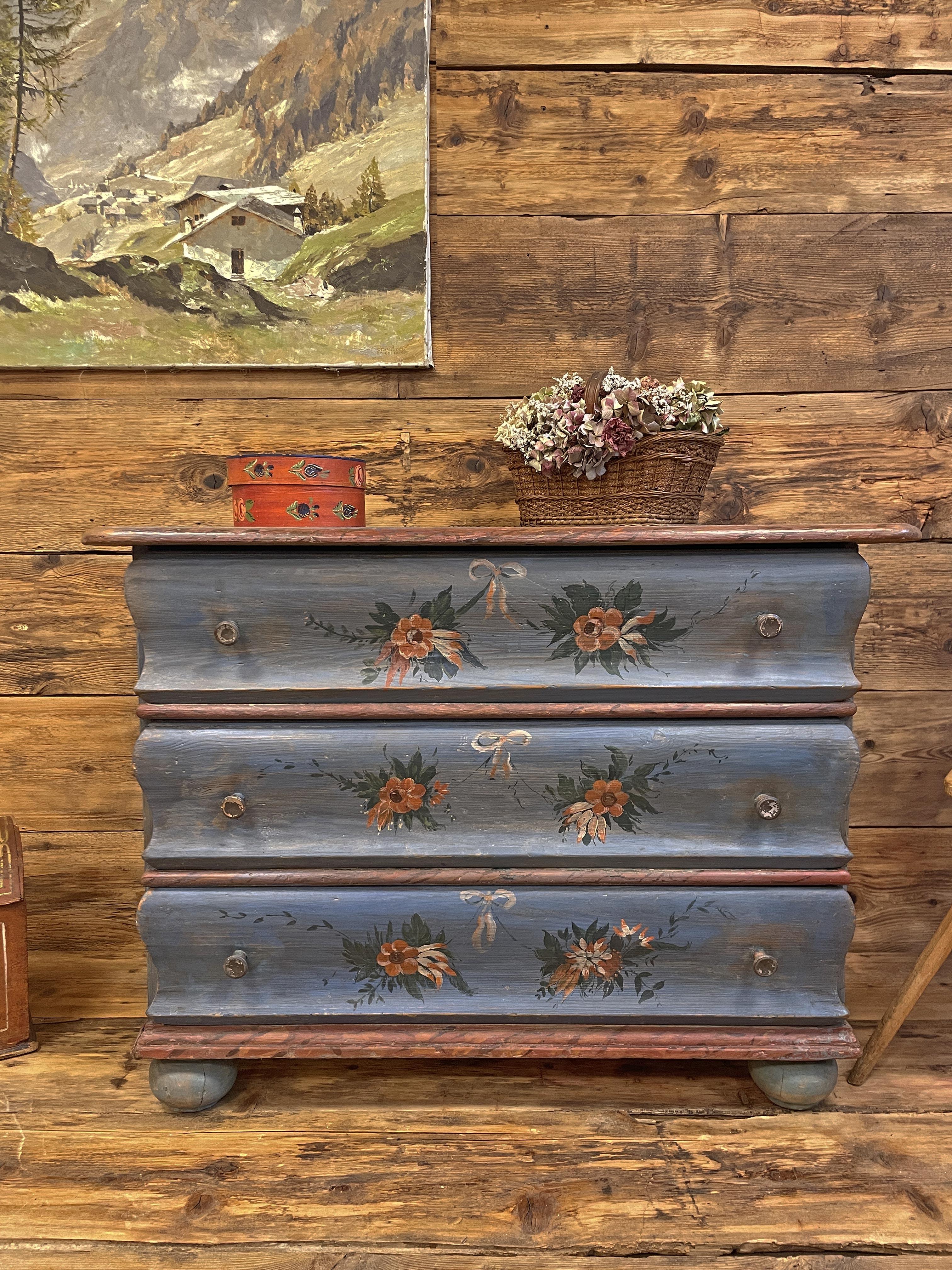 Blu Floral Painted Chest of Drawers, Northern Italy 1850 3