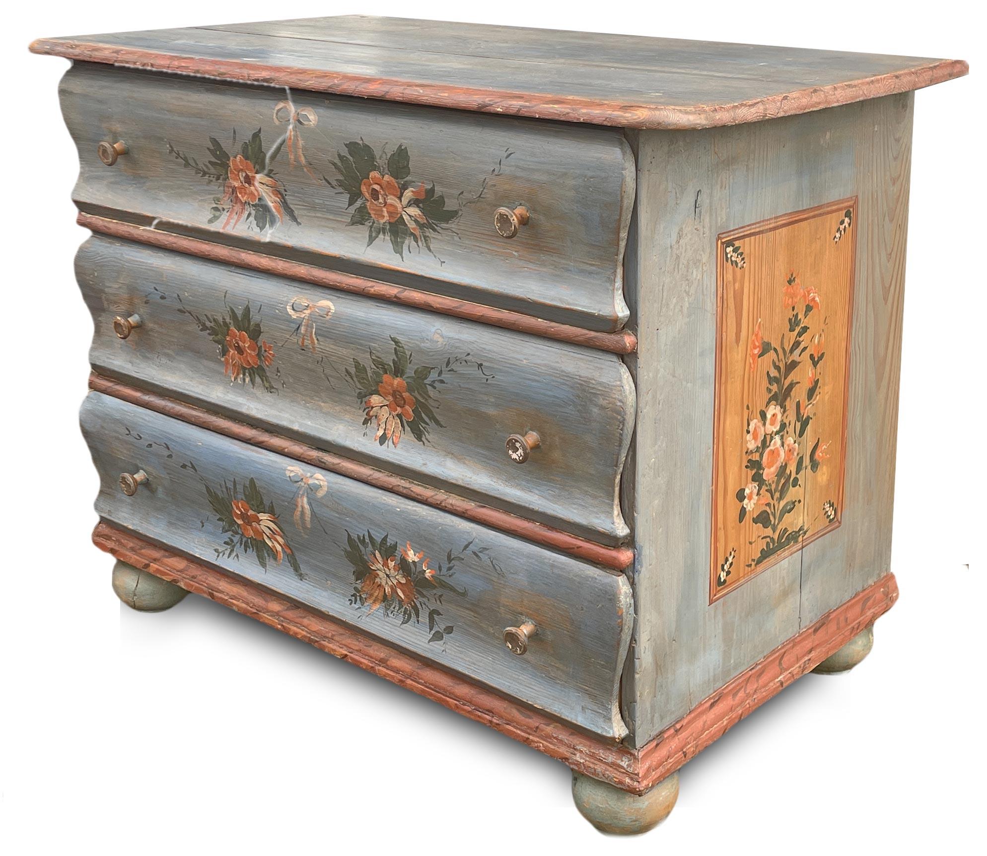 Louis Philippe Blu Floral Painted Chest of Drawers, Northern Italy 1850