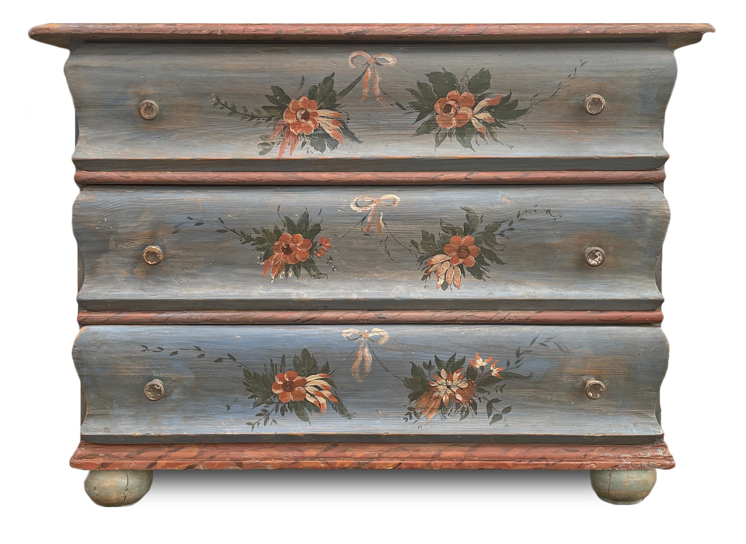 Italian Blu Floral Painted Chest of Drawers, Northern Italy 1850