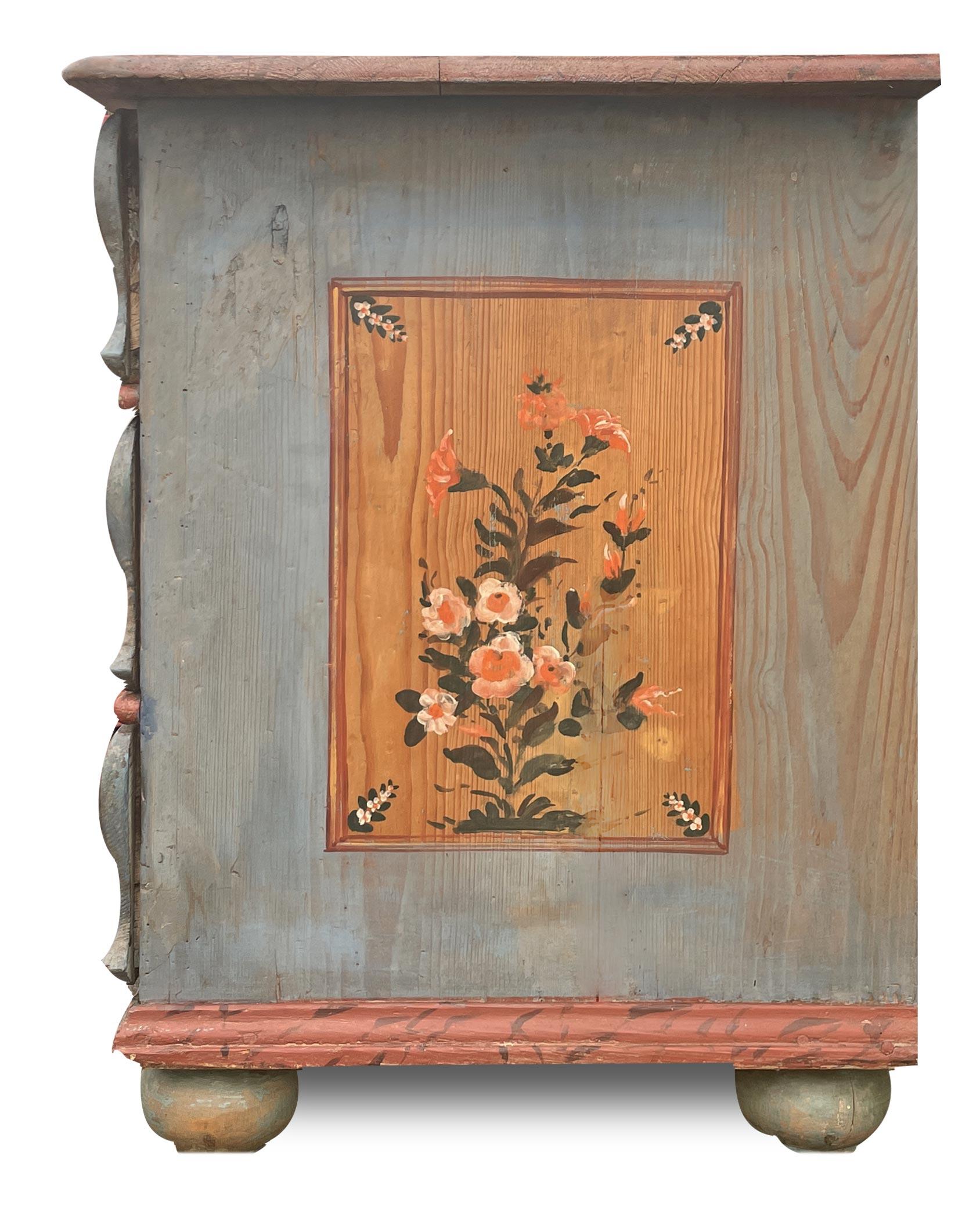 Hand-Painted Blu Floral Painted Chest of Drawers, Northern Italy 1850
