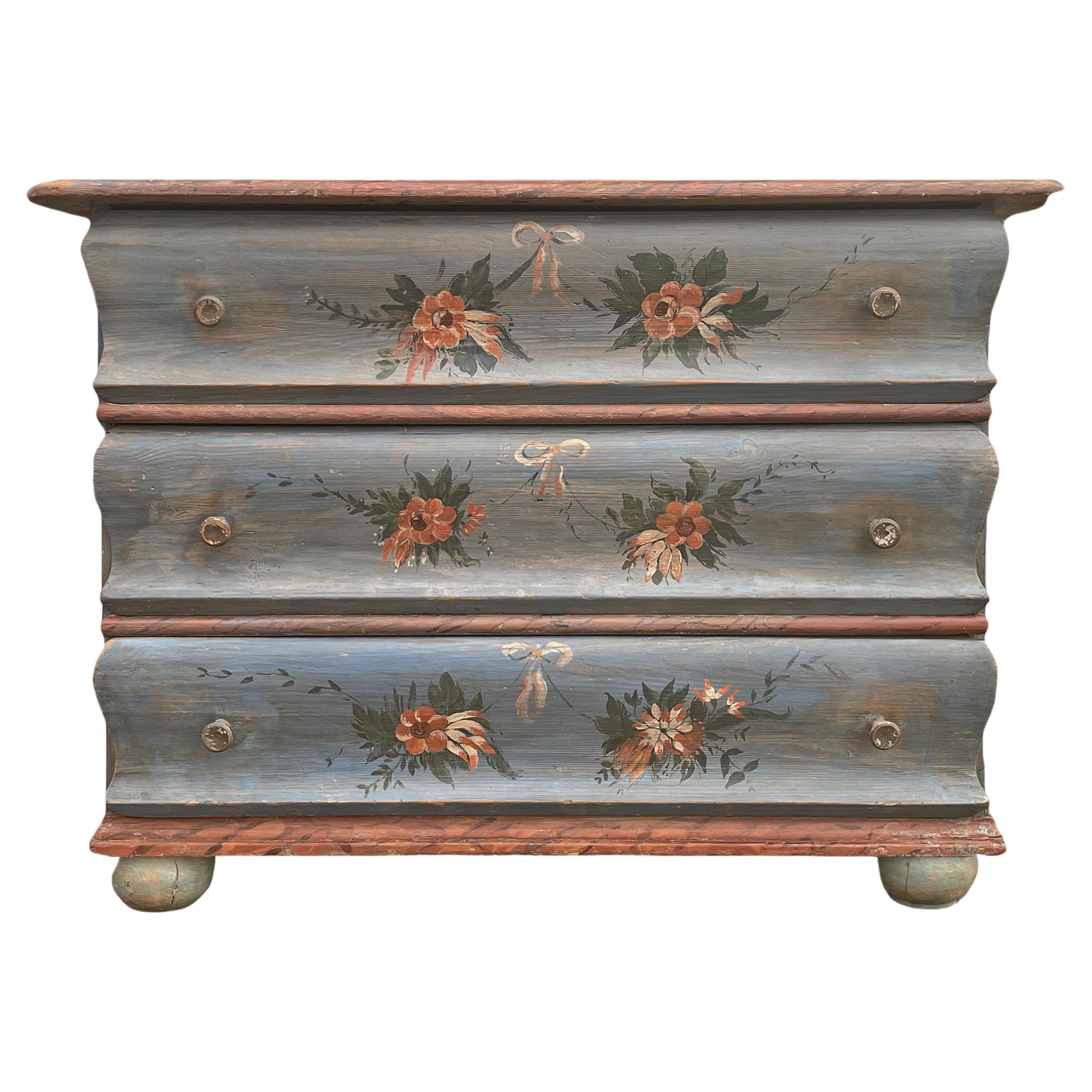 Blu Floral Painted Chest of Drawers, Northern Italy 1850