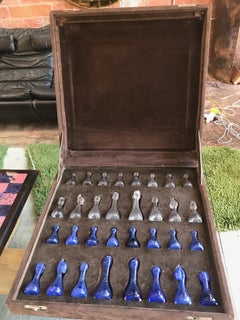 Marble Chess Set with Blue and Gray Glass Pieces