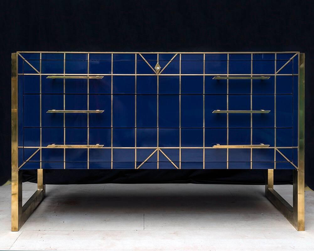 Blue opaline glass chest of drawers, brass fittings, 1970s.