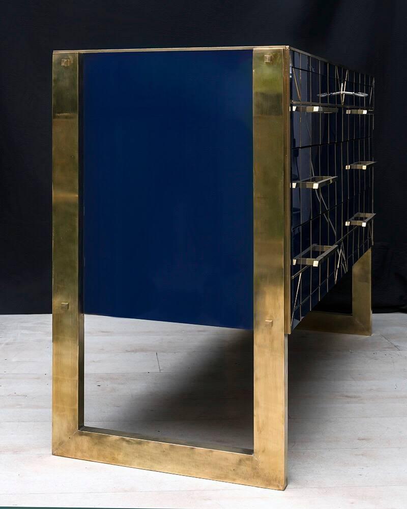 Modern Blue Opaline Glass Italian Chest of Drawers with Brass Fittings, 1970s