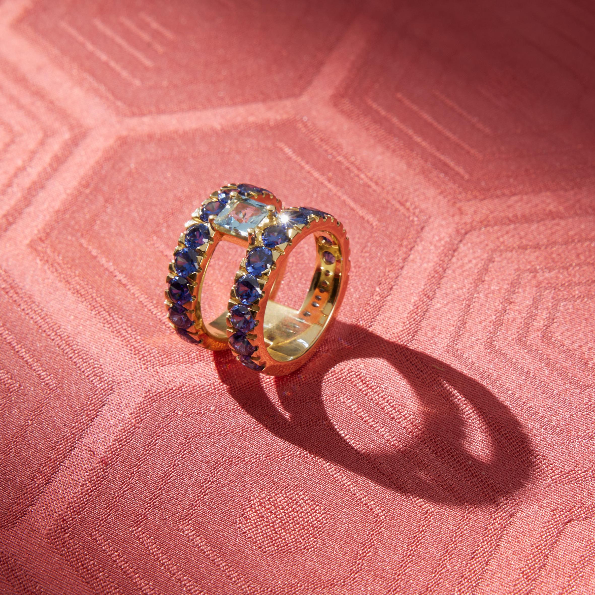 double  sapphire blue  ring linked with aquamarine in the medal 18k gold gr19,
size 13 eu.
All Giulia Colussi jewelry is new and has never been previously owned or worn. Each item will arrive at your door beautifully gift wrapped in our boxes, put