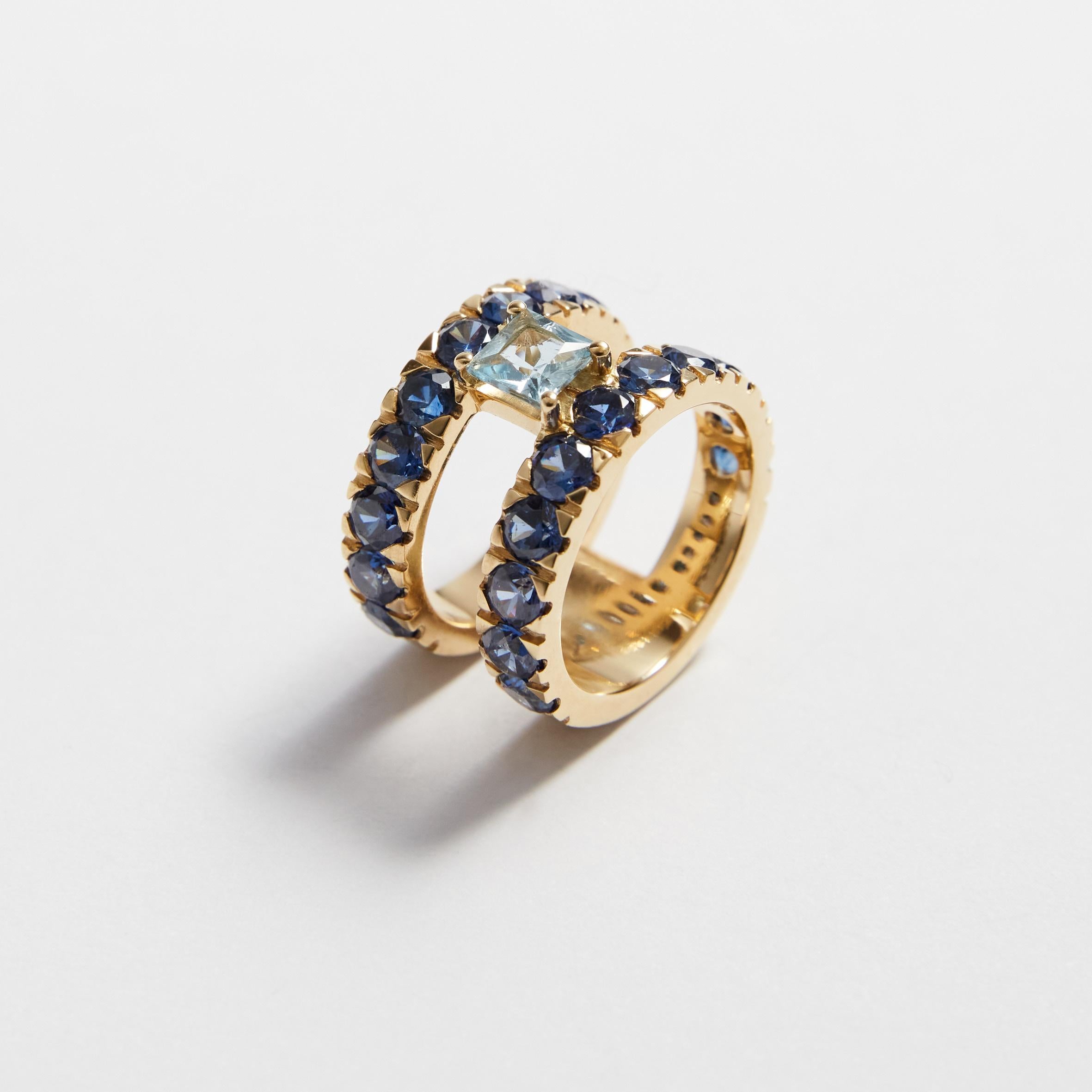 Radiant Cut Blue Sahhire Double ring Aquamarine Gold 18k For Sale