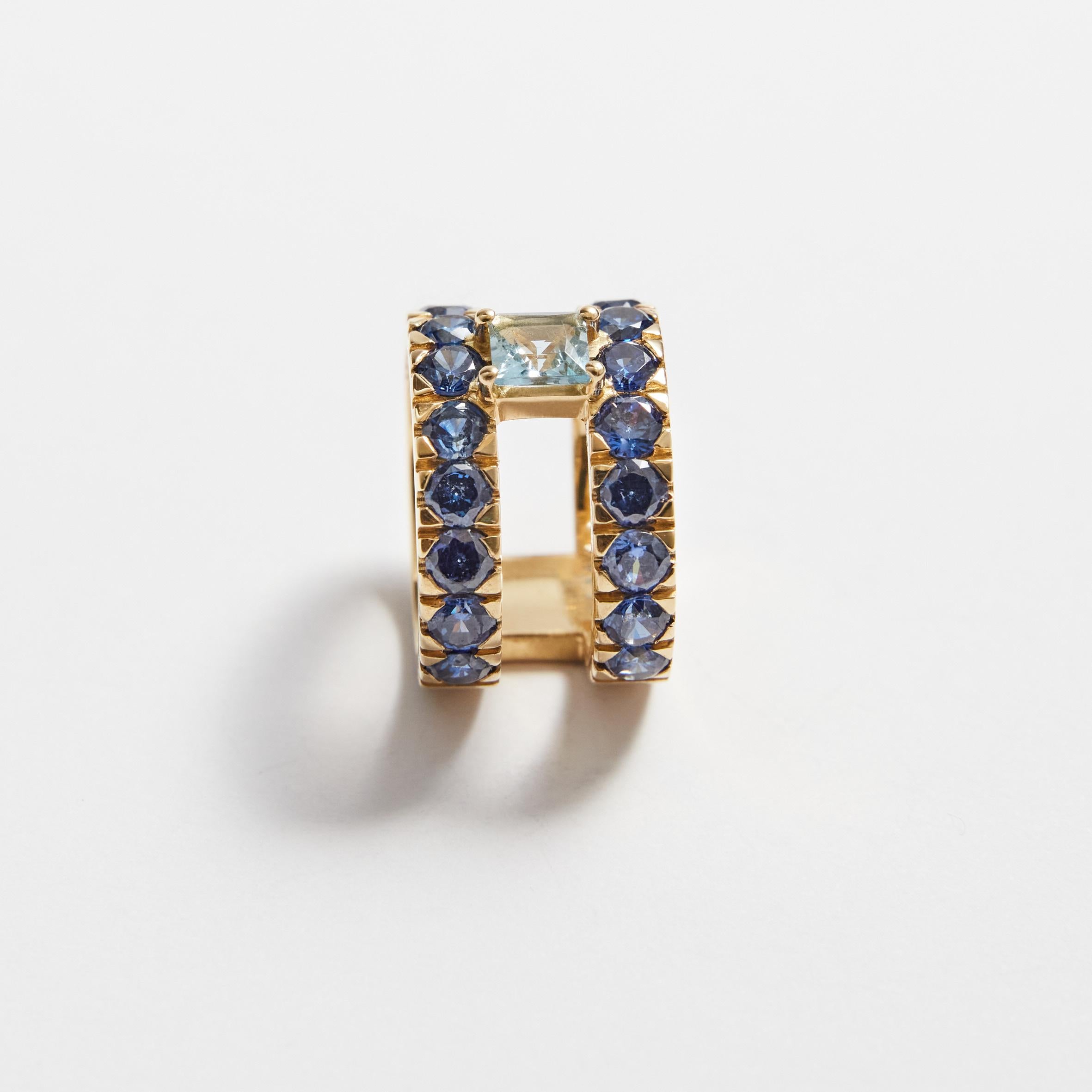 Blue Sahhire Double ring Aquamarine Gold 18k In New Condition For Sale In Milan, IT