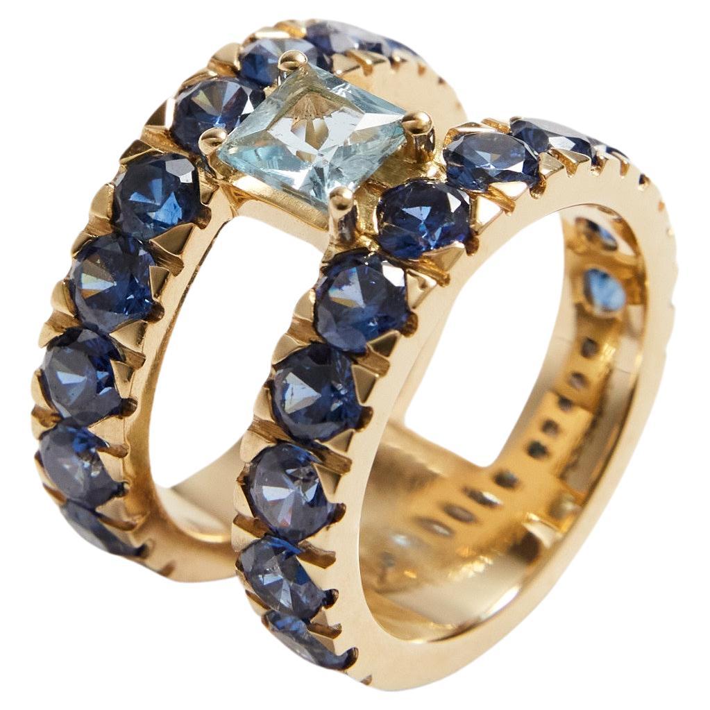 Blue Sahhire Double ring Aquamarine Gold 18k For Sale