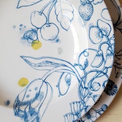 Blu Summer, Contemporary Porcelain Pasta Plates Set with Blue Floral Design