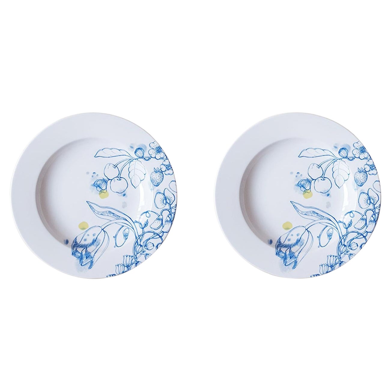 Blu Summer, Contemporary Porcelain Pasta Plates Set mit blauem Blumendesign