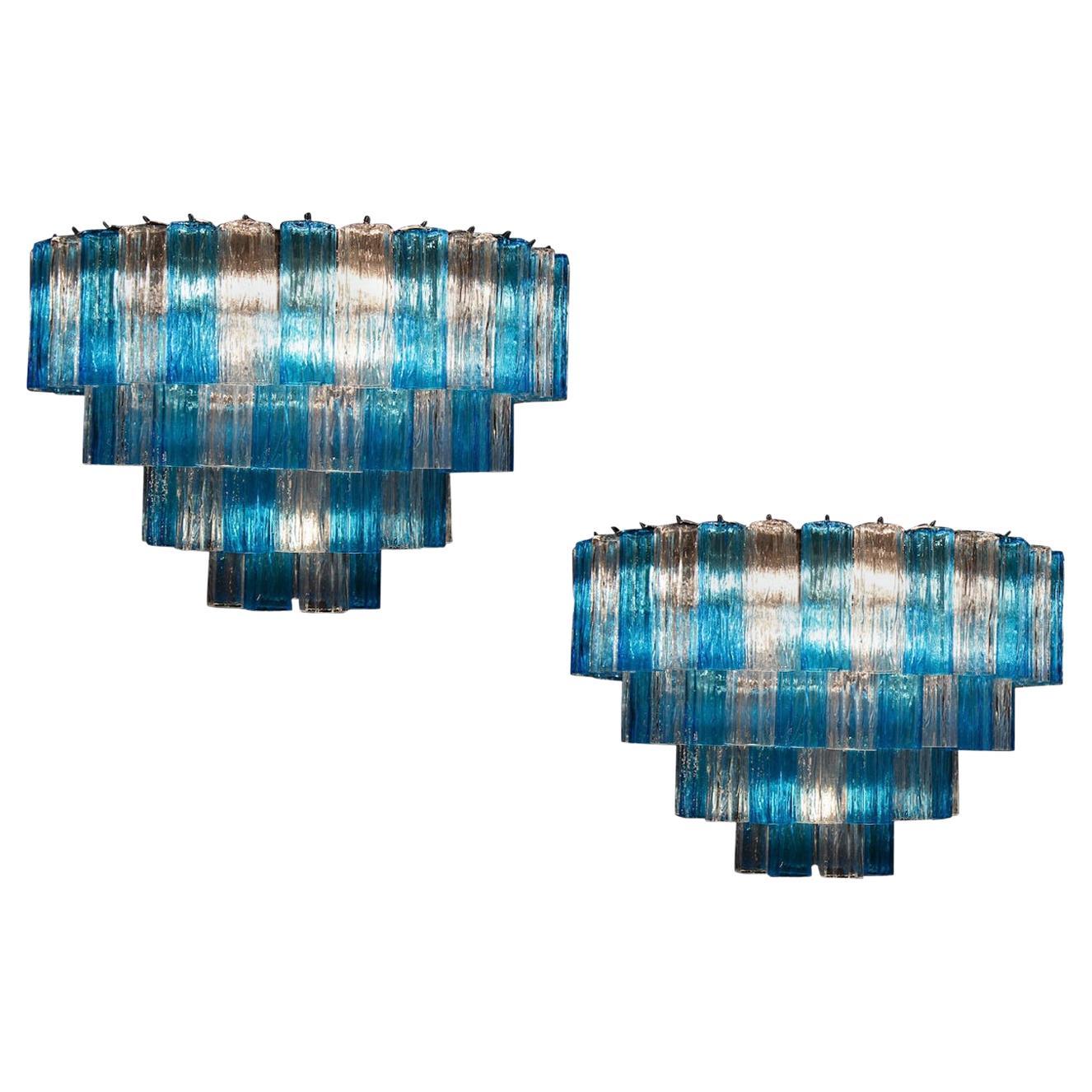 Lampadario Tronchi in vetro di Murano Blu Turchese e Ghiaccio